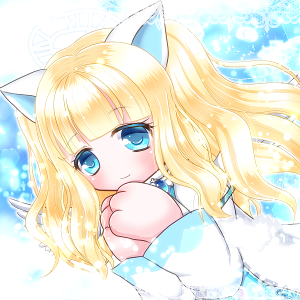 nekomata shiro, emil chronicle online, animal ears, animal hands, blonde hair, blue dress, blue eyes, cat ears, cat girl, ciel0420, dress, ghost girl, halo, long hair, palms together, two-tone dress, two side up, white dress, white wings, wings