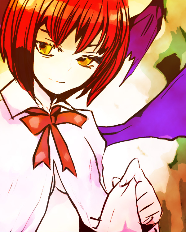 kuma (artist), kuma (crimsonvanilla), koakuma, embodiment of scarlet devil, touhou, 1girl, breasts, female focus, head wings, no bra, red hair, shirt, short hair, small breasts, smile, solo, underboob, wings, yellow eyes