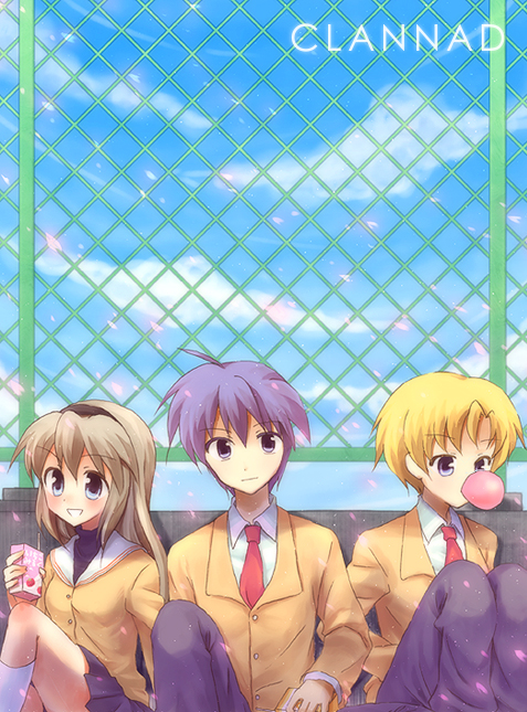 okazaki tomoya, sakagami tomoyo, sunohara youhei, clannad, eyebrows, 00s, 1girl, 2boys, :d, ahoge, blazer, blonde hair, blowing bubble gum, blowing bubbles, blue eyes, blue sky, blush, chain-link fence, chewing gum, cloud, copyright name, day, fence, hairband, jacket, kneehighs, long hair, long sleeves, looking at viewer, multiple boys, necktie, open mouth, outdoors, pants, petals, purple eyes, red necktie, sitting, sky, smile, socks, very long hair, white socks