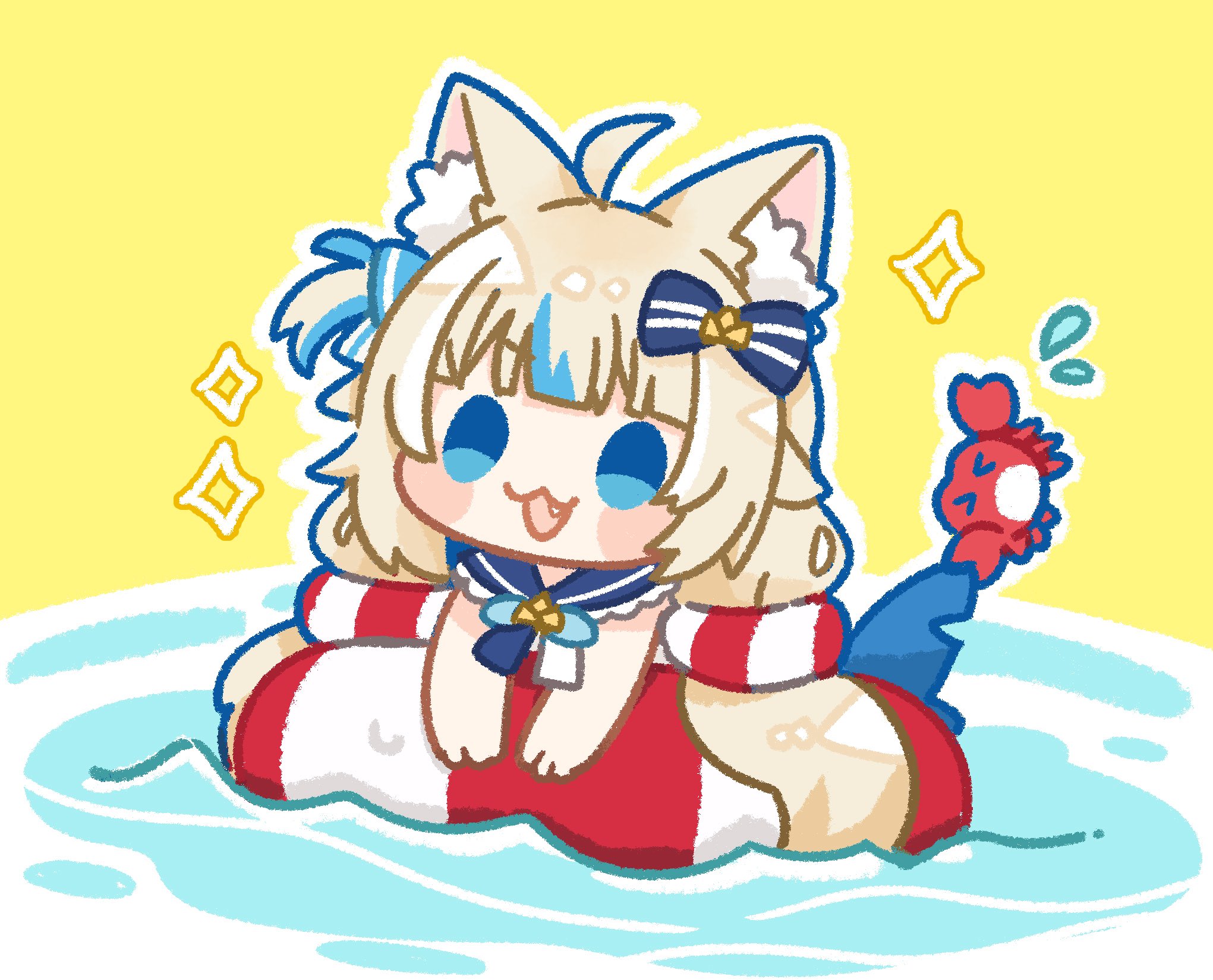 same anko, sameko saba, indie virtual youtuber, commentary, hashtag-only commentary, highres, symbol-only commentary, > <, 1girl, :3, :d, ahoge, animal ear fluff, animal ears, blonde hair, blue eyes, blue hair, blue sailor collar, cat ears, chibi, chibi only, crab, fang, fins, fish tail, flying sweatdrops, lifebuoy, lifebuoy hair ornament, long hair, low twintails, multicolored hair, one side up, open mouth, outline, sailor collar, simple background, smile, solo, sparkle, swim ring, tail, twintails, two-tone hair, very long hair, virtual youtuber, water, white outline, yellow background