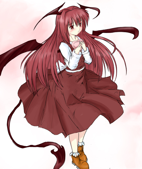 fujimaunt, koakuma, embodiment of scarlet devil, touhou, 1girl, female focus, head wings, solo, valentine, wings