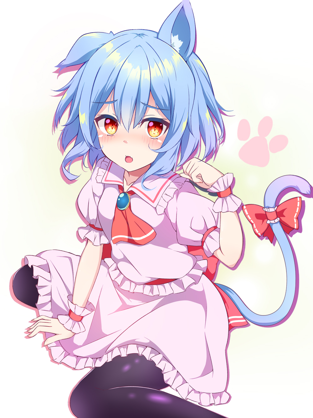 tanaka shoushou fumimaro, remilia scarlet, touhou, commentary request, highres, 1girl, animal ears, ascot, back bow, black thighhighs, blue brooch, blue gemstone, blue hair, blush, bow, cat ears, cat girl, cat tail, collar, collarbone, fang, foot out of frame, frilled collar, frilled skirt, frilled wrist cuffs, frills, from above, gem, gradient background, hand up, looking at viewer, looking up, medium hair, no headwear, open mouth, paw pose, paw print, pink shirt, pink skirt, puffy short sleeves, puffy sleeves, red ascot, red bow, red eyes, shirt, short sleeves, sitting, skin fang, skirt, slit pupils, solo, tail, tail bow, tail ornament, thighhighs, wariza, wrist cuffs, yellow background