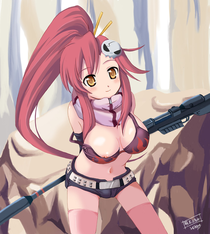tomusooya, yoko littner, tengen toppa gurren lagann, bad id, bad pixiv id, 00s, 1girl, arms behind back, belt, bikini, bikini top only, blush, breasts, dot nose, female focus, gun, hair ornament, high ponytail, large breasts, light smile, medium breasts, nipple slip, nipples, outdoors, pink thighhighs, ponytail, rifle, scarf, short shorts, shorts, sidelocks, skull hair ornament, sniper rifle, solo, strap slip, swimsuit, thighhighs, weapon, yellow eyes