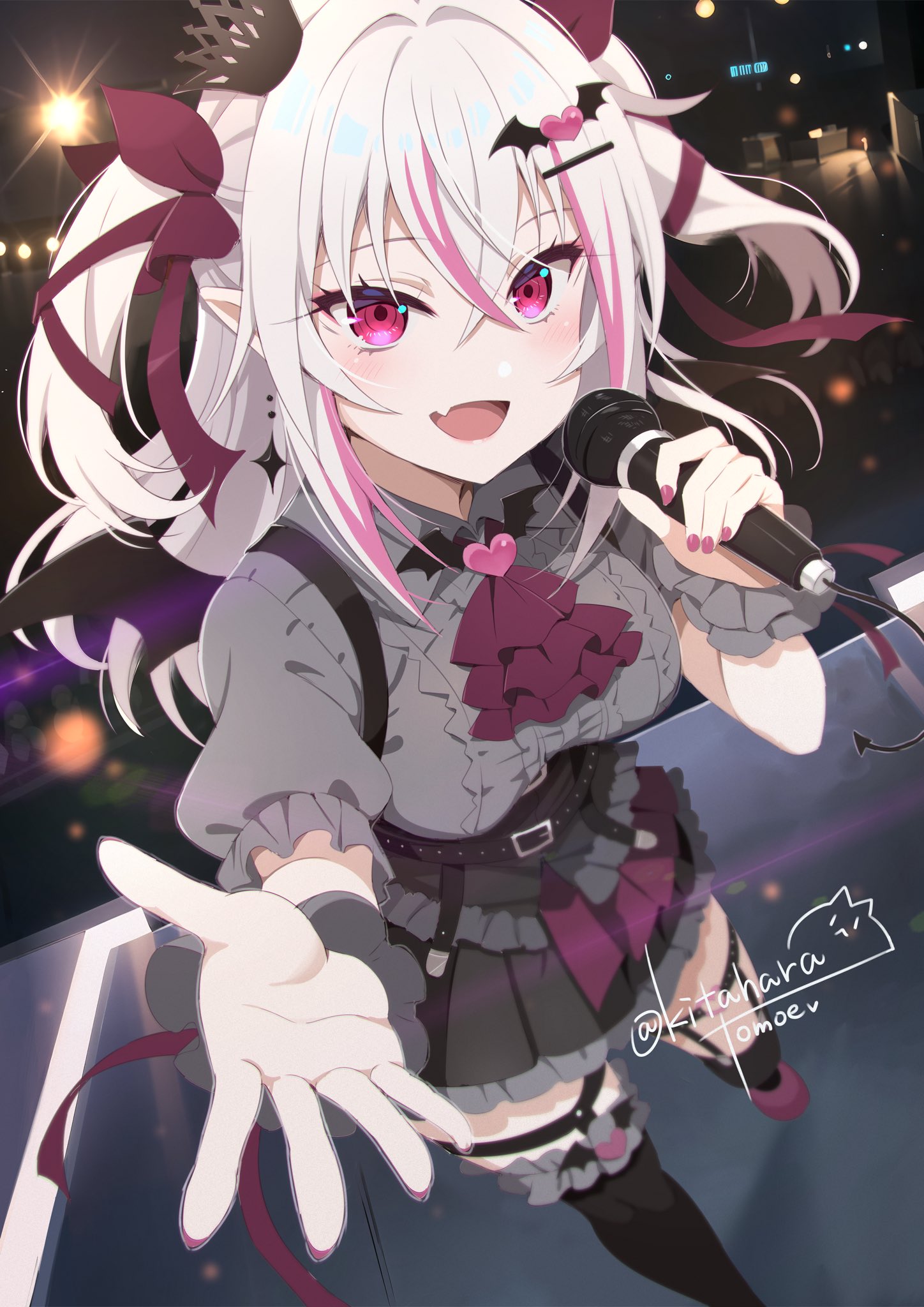 kitahara tomoe (kitahara koubou), indie virtual youtuber, commentary request, commission, highres, second-party source, skeb commission, 1girl, ascot, belt, black skirt, black thighhighs, blush, breasts, crown, earrings, fang, grey hair, grey shirt, hair between eyes, hair ornament, heart, heart hair ornament, holding, holding microphone, jewelry, long hair, looking at viewer, medium breasts, microphone, mini crown, open mouth, pointy ears, purple ascot, purple eyes, purple ribbon, ribbon, shirt, short sleeves, skirt, solo, thighhighs, twitter username, two side up, virtual youtuber, yotsugi asuka