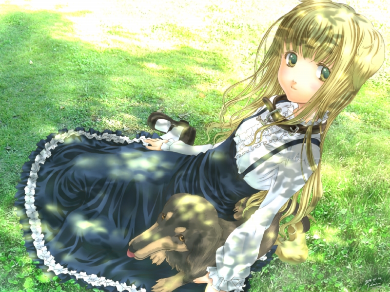 sabamu, original, third-party edit, 1girl, blonde hair, brown eyes, collar, dappled sunlight, dog, dress, female focus, grass, long hair, mary janes, shoes, sitting, solo, sunlight, tree shade