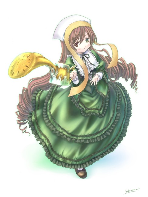 sabamu, suiseiseki, rozen maiden, 00s, 1girl, brown hair, dress, drill hair, female focus, frills, full body, green dress, green eyes, hat, headscarf, heterochromia, lolita fashion, long hair, long sleeves, red eyes, shoes, solo, twin drills, twintails, very long hair, watering can, white background, white headscarf