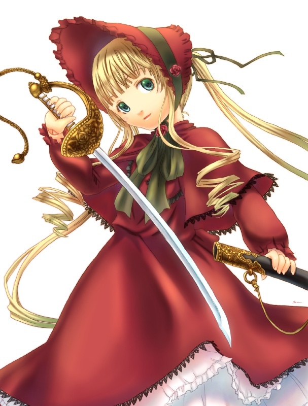 sabamu, shinku, rozen maiden, 00s, 1girl, blonde hair, blue eyes, bonnet, bow, bowtie, capelet, dress, female focus, green bow, green bowtie, holding, holding sword, holding weapon, long hair, long sleeves, looking at viewer, red dress, scabbard, sheath, sidelocks, simple background, solo, sword, twintails, unsheathed, very long hair, weapon, white background