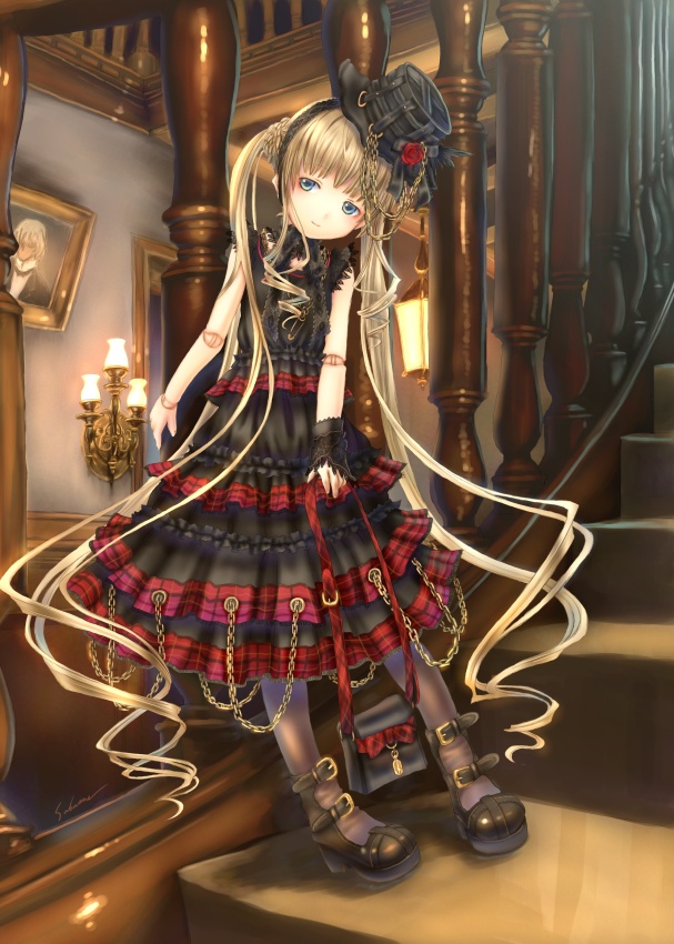 sabamu, shinku, rozen maiden, 00s, alternate costume, bag, black pantyhose, blonde hair, blue eyes, blunt bangs, chin strap, doll, doll joints, dress, full body, goth fashion, gothic lolita, handbag, hat, holding, holding bag, indoors, joints, lolita fashion, long hair, mini hat, mini top hat, pantyhose, picture frame, plaid clothes, plaid dress, solo, standing, top hat, very long hair