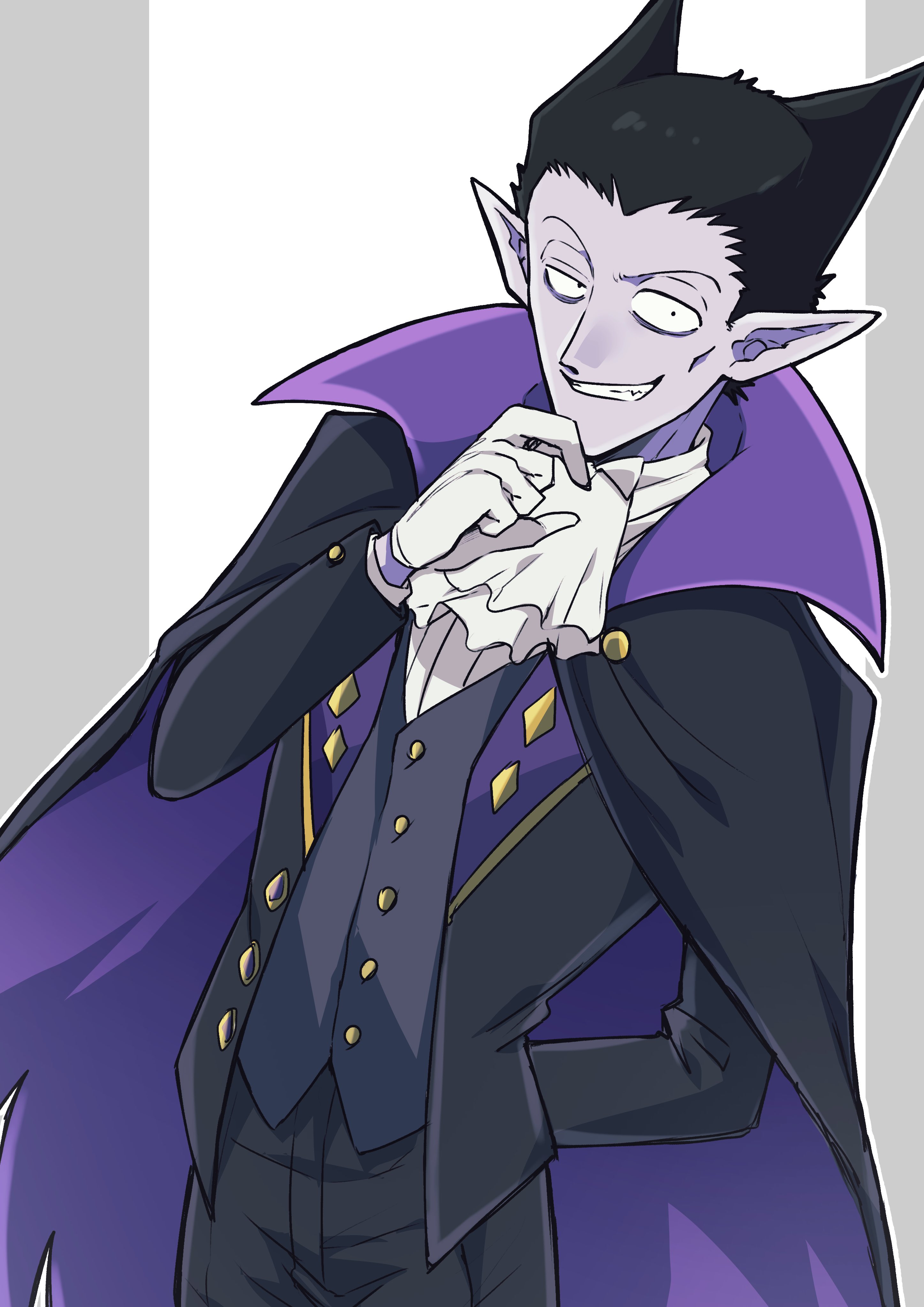 otyumamii, draluc (kyuuketsuki sugu shinu), kyuuketsuki sugu shinu, absurdres, commentary request, highres, 1boy, arm behind back, ascot, bags under eyes, black cape, black hair, black jacket, black pants, cape, cheekbones, colored skin, cowboy shot, fang, gloves, grey background, grey vest, grin, hair horns, jacket, looking at viewer, male focus, pants, pointy ears, purple cape, purple skin, smile, solo, two-sided cape, two-sided fabric, vampire, vest, white ascot, white background, white gloves