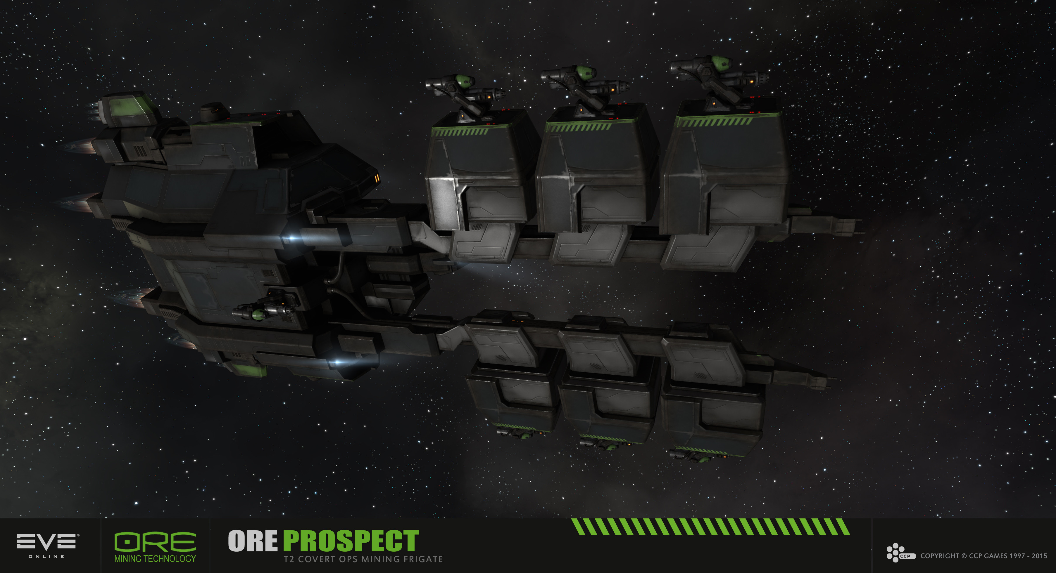 eve online, absurdres, commentary, english commentary, highres, maya (medium), official art, photoshop (medium), 3d, advanced ship (eve online), cloud, company logo, company name, copyright logo, copyright name, covert ops (eve online), dark background, dated, english text, exploration ship (eve online), flying, frigate (eve online), glowing, grey background, harvesting ship (eve online), logo, mining frigate (eve online), no humans, outdoors, outer ring excavations (eve online), realistic, science fiction, space, spacecraft, spacecraft turret, star (sky), starry sky background, tech 2 ship (eve online), thrusters, vehicle focus, vehicle name, ymir jonsson
