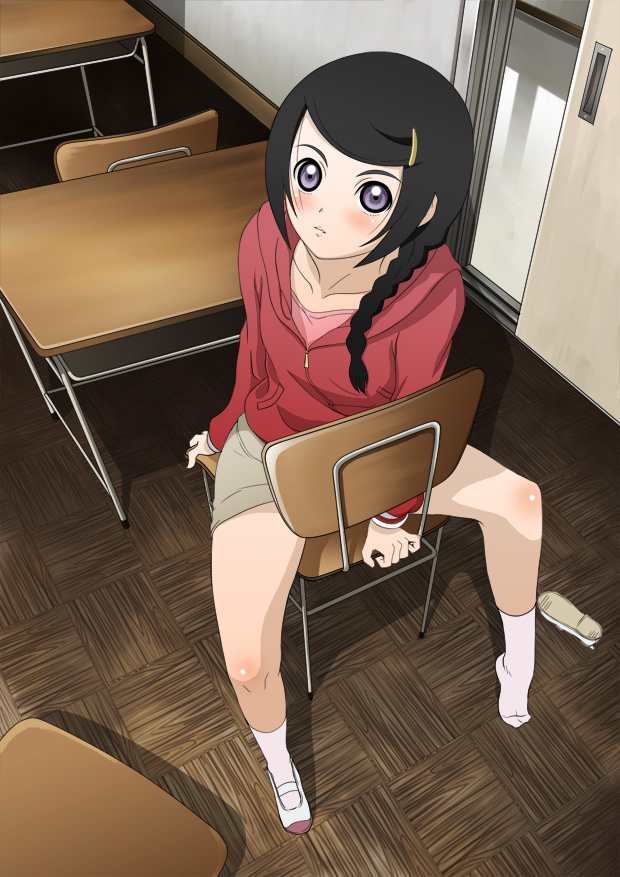 tonbo, komagusu miyako, ghost hound, 00s, 1girl, basketweave, black hair, blush, braid, chair, classroom, desk, female focus, from above, hair ornament, hair over shoulder, hairclip, hood, hood down, hoodie, indoors, looking up, on chair, purple eyes, school, school chair, school desk, shoes, single shoe, sitting, sitting backwards, socks, solo, swept bangs, uwabaki, white socks, wooden floor