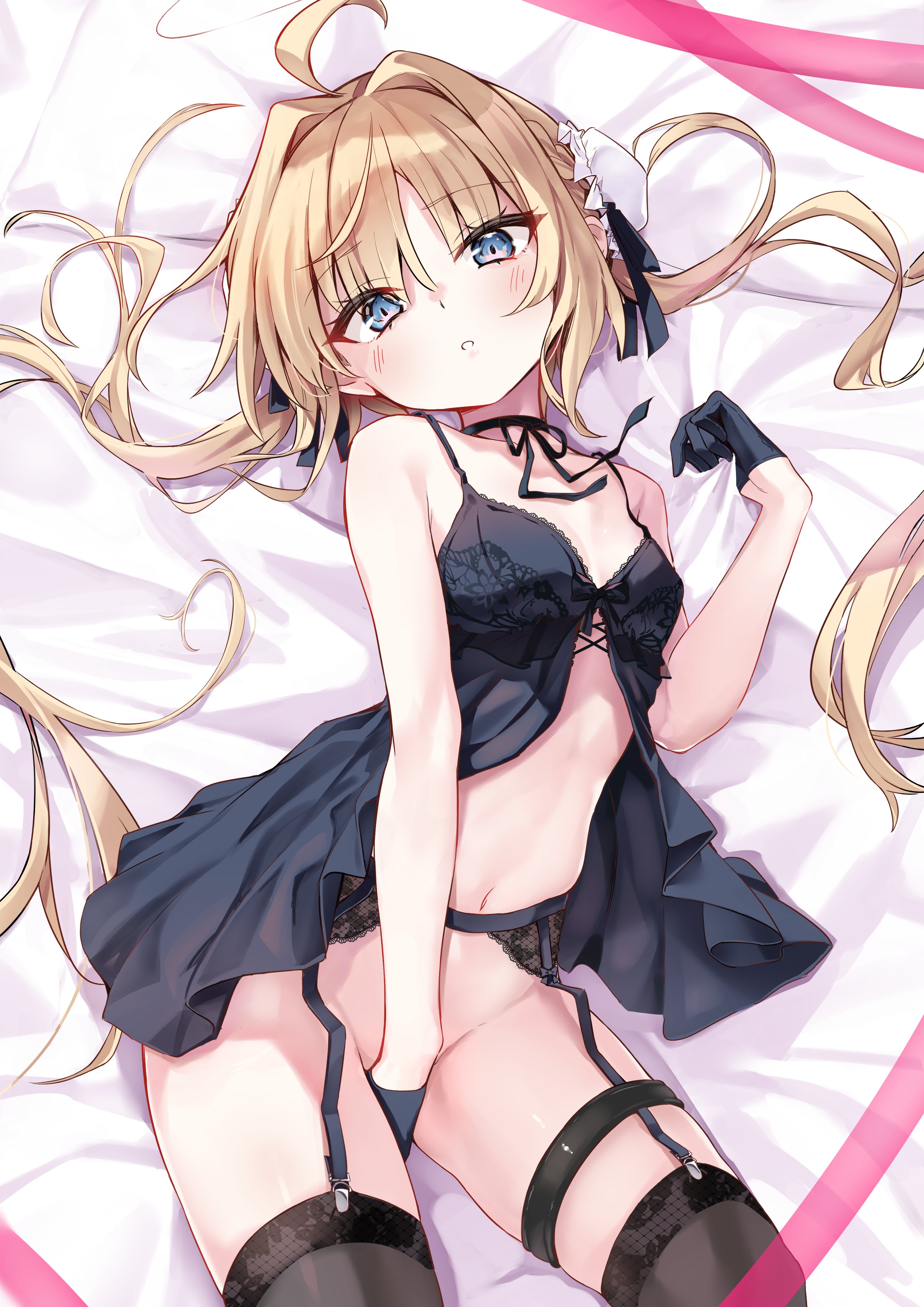toshizou (0714), original, absurdres, highres, 1girl, ahoge, babydoll, black babydoll, black thighhighs, blonde hair, blue eyes, breasts, choker, garter belt, garter straps, gloves, hair spread out, long hair, looking at viewer, lying, navel, no panties, on back, ribbon choker, small breasts, solo, thighhighs, twintails