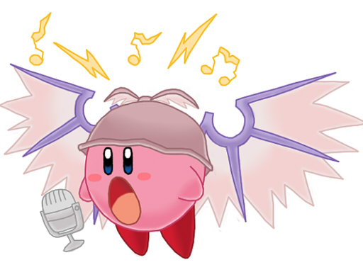kirby, mystia lorelei, kirby (series), nintendo, touhou, bad singing, blush stickers, crossover, female focus, fusion, microphone, music, musical note, no humans, parody, simple background, singing, solo, white background, wings