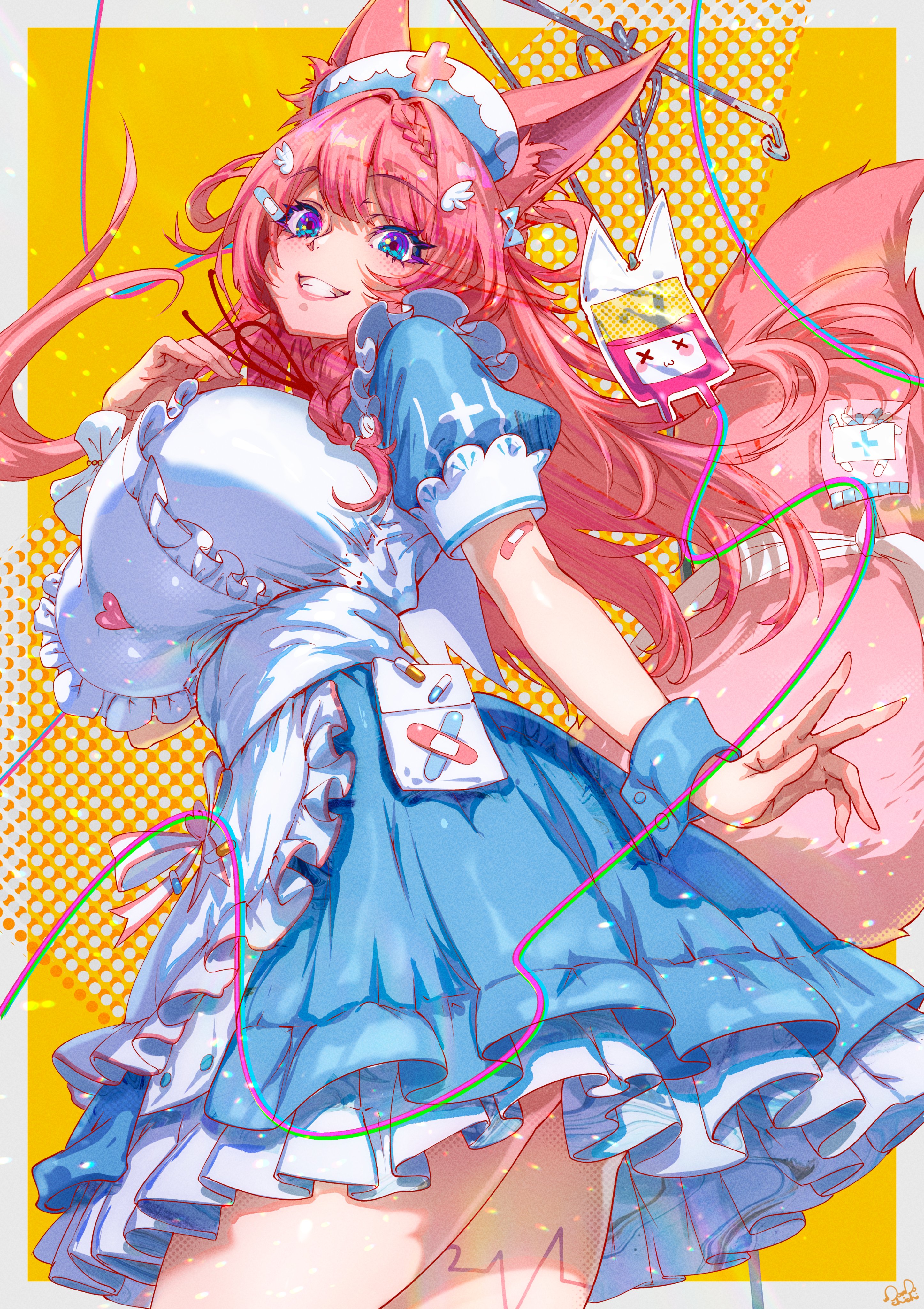 momoyama tits, absurdres, commission, highres, skeb commission, animal ears, blue dress, braid, breasts, dress, from below, hat, heart, large breasts, long hair, looking at viewer, nurse, nurse cap, pill, red hair