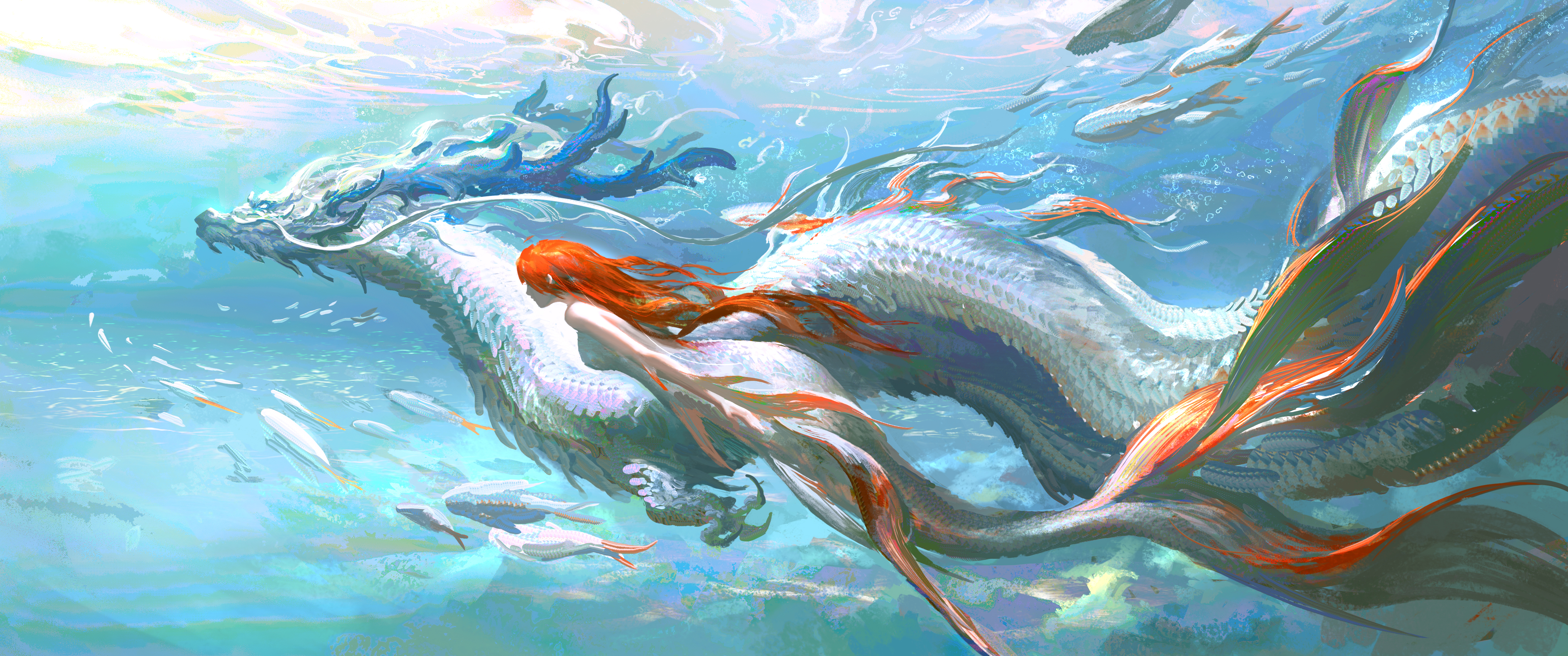 leo-dont-want-to-be-a-painter, original, absurdres, chinese commentary, highres, 1girl, animal, blue horns, breasts, claws, day, dragon, dragon horns, eastern dragon, eastern dragon horns, facial hair, fantasy, fins, fish, horns, impasto, long hair, mermaid, monster, monster girl, mustache, ocean, orange hair, outdoors, scales, scenery, submerged, swimming, underwater, very long hair, water