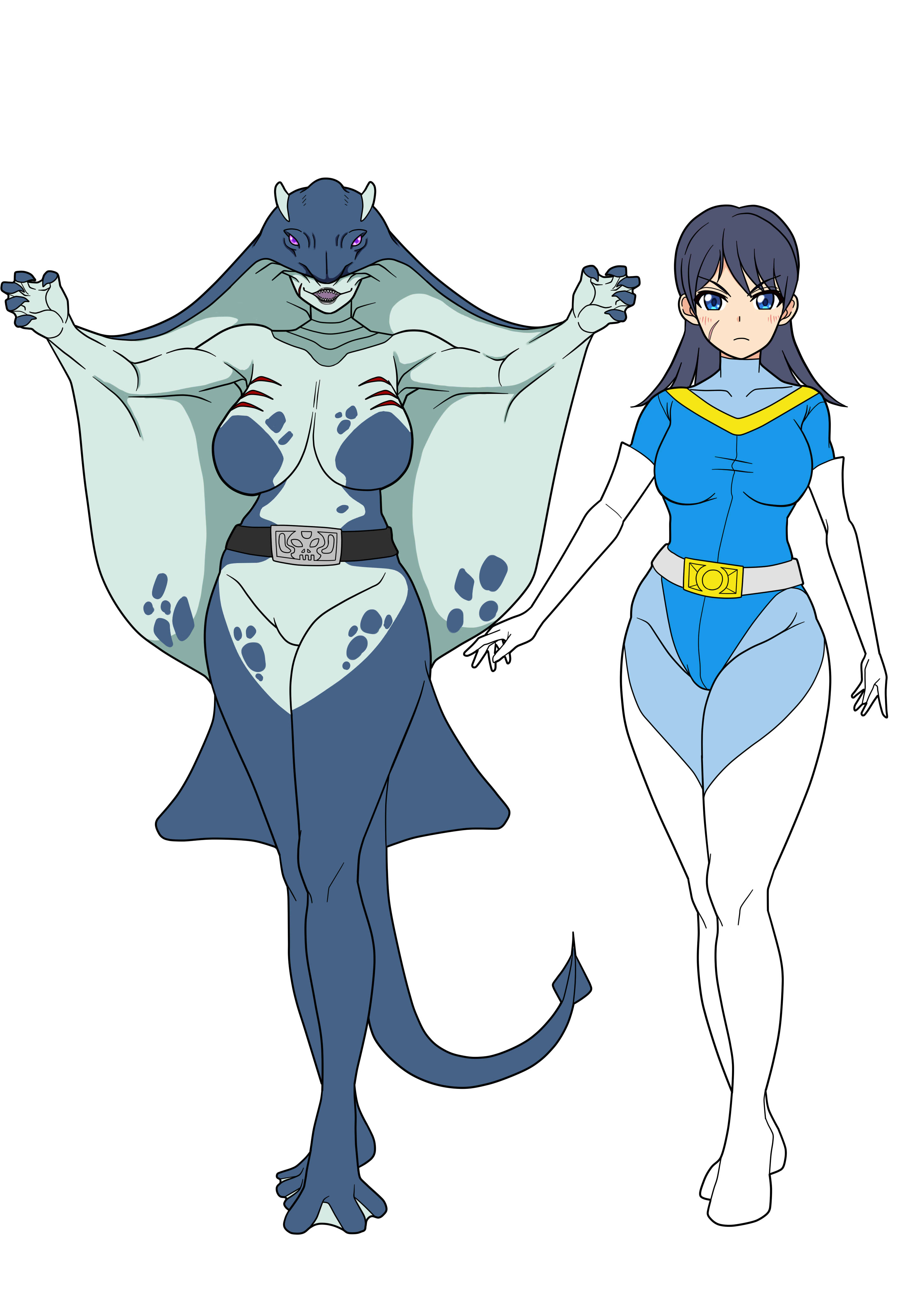 tengukizoku, original, absurdres, highres, before and after, belt, black hair, black lips, blue bodysuit, blue eyes, blue leotard, body modification, bodysuit, breast expansion, breasts, claws, corruption, dark persona, gills, gloves, large breasts, leotard, long hair, manta ray, monster, monster girl, purple eyes, scar, scar on face, sharp teeth, small breasts, tail, teeth, transformation, webbed feet, webbed hands, white bodysuit, white gloves
