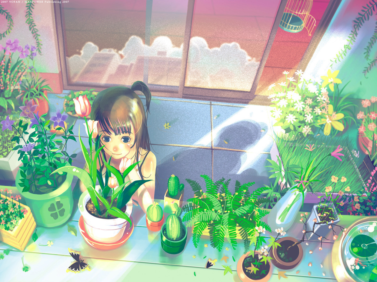 vofan, original, 1girl, animal, bare shoulders, birdcage, blue eyes, blush, brown hair, bug, building, butterfly, cactus, cage, camisole, cherry blossoms, cloud, clover, daisy (flower), dress, female focus, fern, flower, flower pot, garden, glass, grass, insect, lily (flower), lily pad, long hair, needle, orchid, petals, plant, potted plant, reflection, side ponytail, sleeveless, sleeveless dress, sliding doors, smile, solo, sundress, sunlight, tile floor, tiles, tulip, vase, water, white dress