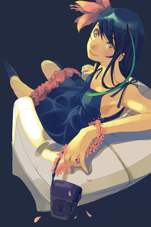 vofan, original, 1girl, blue hair, brown eyes, camera, female focus, foreshortening, solo