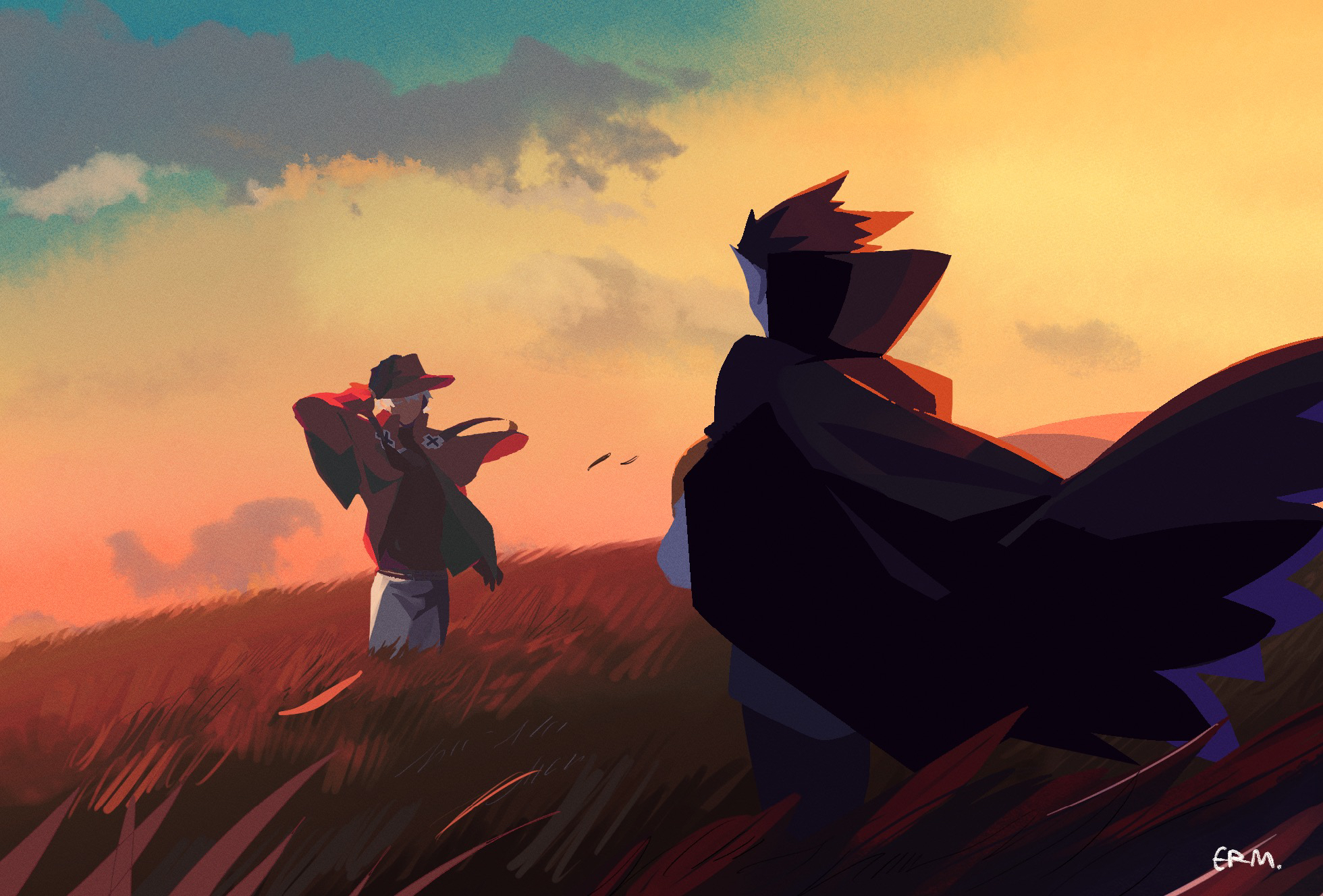 erm nkcn, draluc (kyuuketsuki sugu shinu), ronaldo (kyuuketsuki sugu shinu), kyuuketsuki sugu shinu, commentary request, highres, 2boys, black cape, black gloves, black hair, cape, from behind, gloves, grey hair, hand on own hat, hat, high collar, looking at another, male focus, multiple boys, orange sky, outdoors, pants, pointy ears, red hat, short hair, sky, standing, sunset, white pants