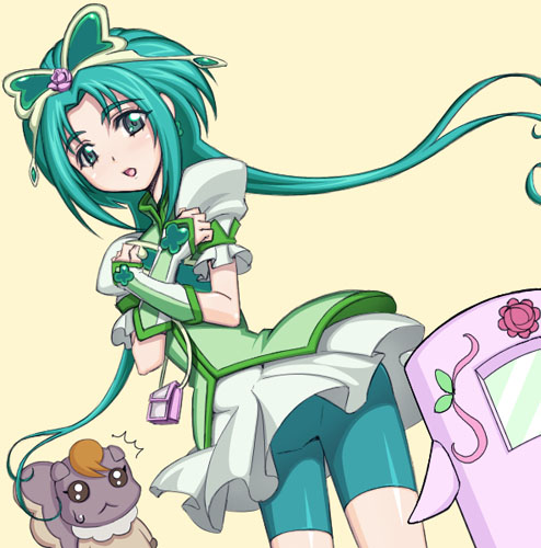 caryo, nanashino, akimoto komachi, cure mint, merupo (precure 5), nuts (yes! precure 5), precure, yes! precure 5, lowres, 00s, 1girl, :<, bike shorts, butterfly hair ornament, green eyes, green hair, green shorts, hair ornament, magical girl, shorts, shorts under skirt