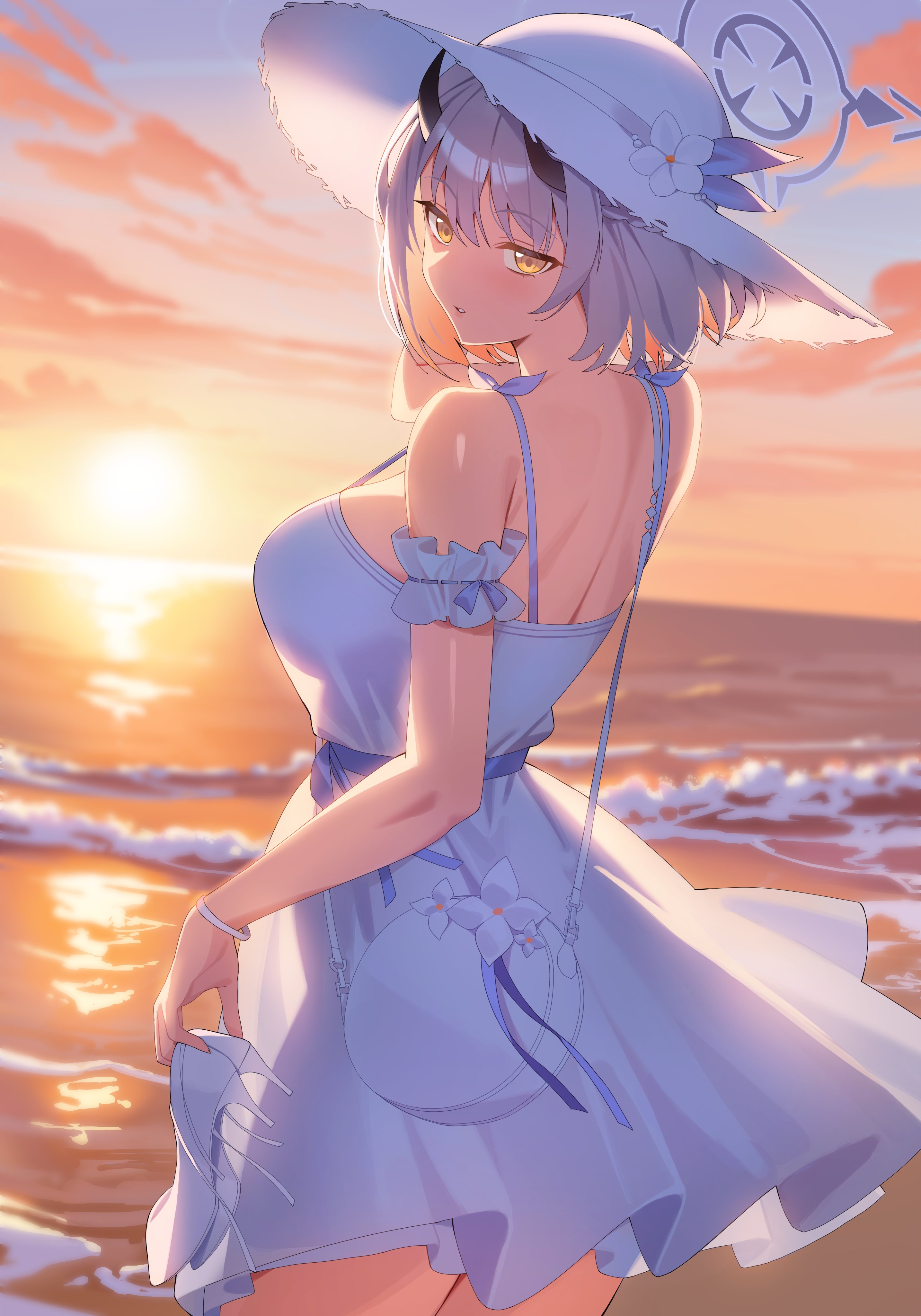 ddog, sena (blue archive), sena (casual) (blue archive), blue archive, absurdres, hashtag-only commentary, highres, 1girl, armband, back, bag, bare shoulders, black horns, blue ribbon, breasts, cloud, colored inner hair, demon horns, dress, dress ribbon, flower, frilled arm strap, frilled armband, frills, from behind, grey hair, grey halo, halo, handbag, hat, hat flower, high heels, holding, holding shoes, holding unworn clothes, horns, large breasts, looking back, multicolored hair, ocean, official alternate costume, outdoors, ribbon, see-through clothes, see-through dress, shoes, short hair, sideboob, sky, strap gap, sun hat, sundress, sunset, unworn shoes, water, waves, white armband, white bag, white dress, white hat, yellow eyes