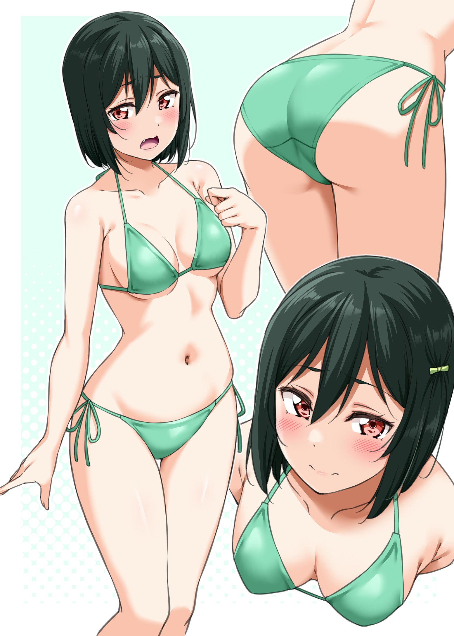 yopparai oni, mifune shioriko, love live!, love live! nijigasaki high school idol club, highres, 1girl, arm at side, ass, bare arms, bare shoulders, bikini, blush, breasts, cleavage, closed mouth, collarbone, fang, green bikini, looking at viewer, midriff, navel, open mouth, red eyes, short hair, side-tie bikini bottom, simple background, small breasts, swimsuit, wide hips