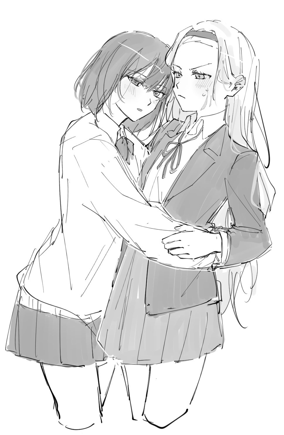 kirarazaka marina, kuze shizuka, takopii no genzai, highres, 2girls, aged up, black hair, blazer, blonde hair, blush, bow, bowtie, embarrassed, facial scar, hairband, hand on another's arm, headband, hug, jacket, long hair, mobudeshi, monochrome, multiple girls, scar, scar on cheek, scar on face, school uniform, shirt, short hair, shy, sweatdrop, white background, white shirt, yuri