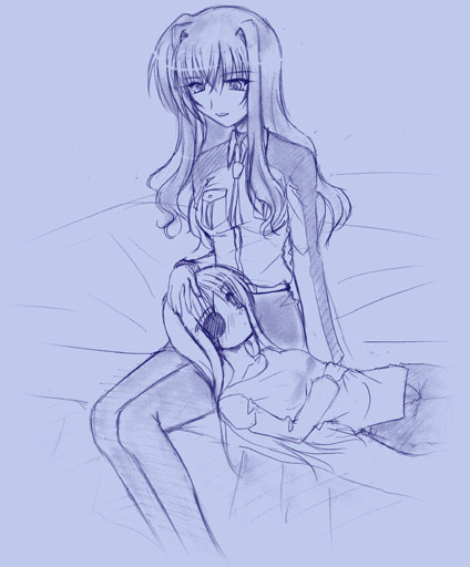 cinque (nanoha), numbers (nanoha), uno (nanoha), lyrical nanoha, mahou shoujo lyrical nanoha, mahou shoujo lyrical nanoha strikers, 00s, 2girls, bad anatomy, blue theme, eyepatch, monochrome, multiple girls, pantyhose, poorly drawn