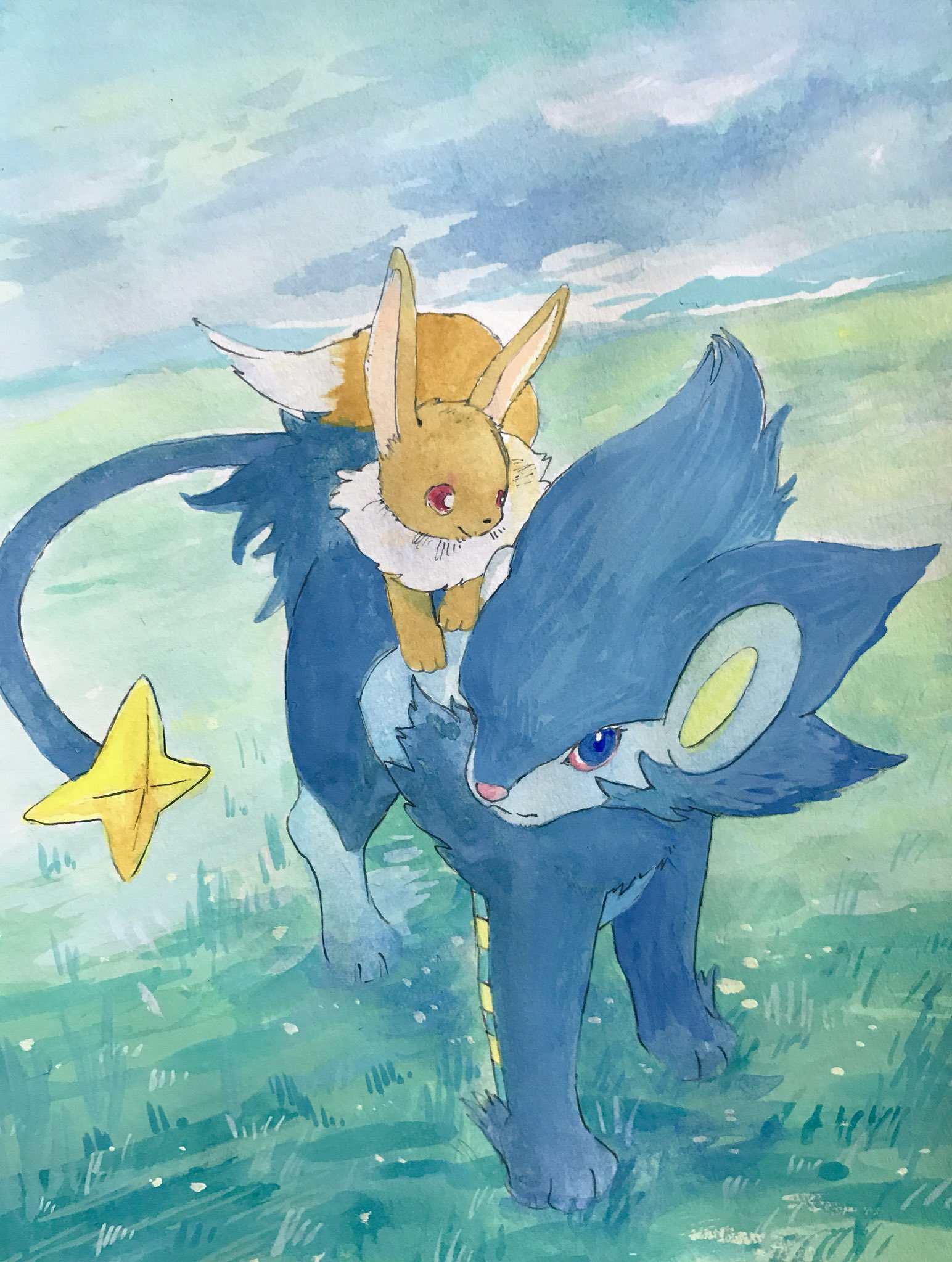 mint nappa, eevee, luxray, nintendo, pokemon, commentary request, highres, painting (medium), traditional media, watercolor (medium), animal focus, blue eyes, closed mouth, field, full body, gen 1 pokemon, gen 4 pokemon, grass, no humans, outdoors, pokemon (creature), red eyes, riding, riding pokemon