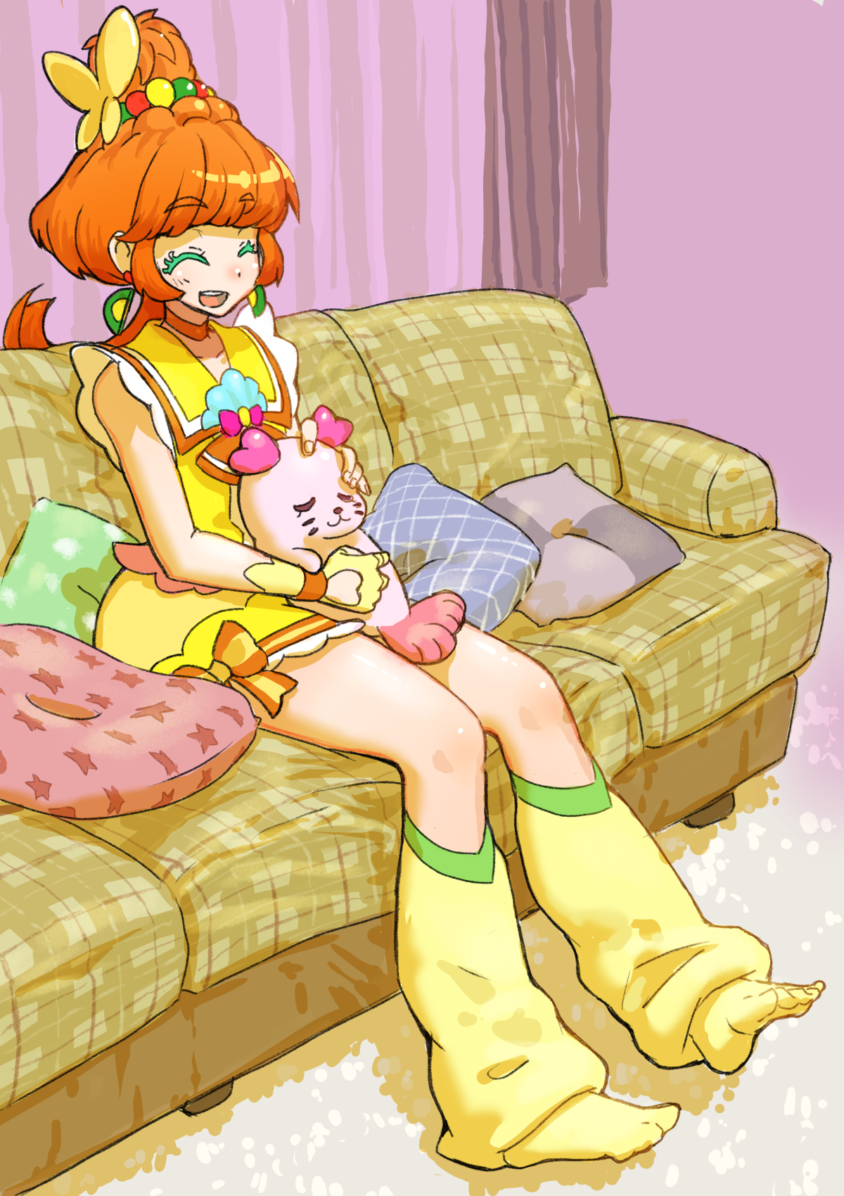 ei (eikun), cure papaya, ichinose minori, kururun (precure), precure, tropical-rouge! precure, commentary request, highres, 1girl, blush, butterfly hair ornament, closed eyes, colored eyelashes, couch, curtains, earrings, fingerless gloves, frilled sailor collar, frills, fruit earrings, gloves, hair bun, hair ornament, jewelry, lap pillow, leg warmers, long hair, no shoes, on couch, open mouth, orange hair, pillow, sailor collar, seal (animal), yellow gloves, yellow leg warmers, yellow sailor collar