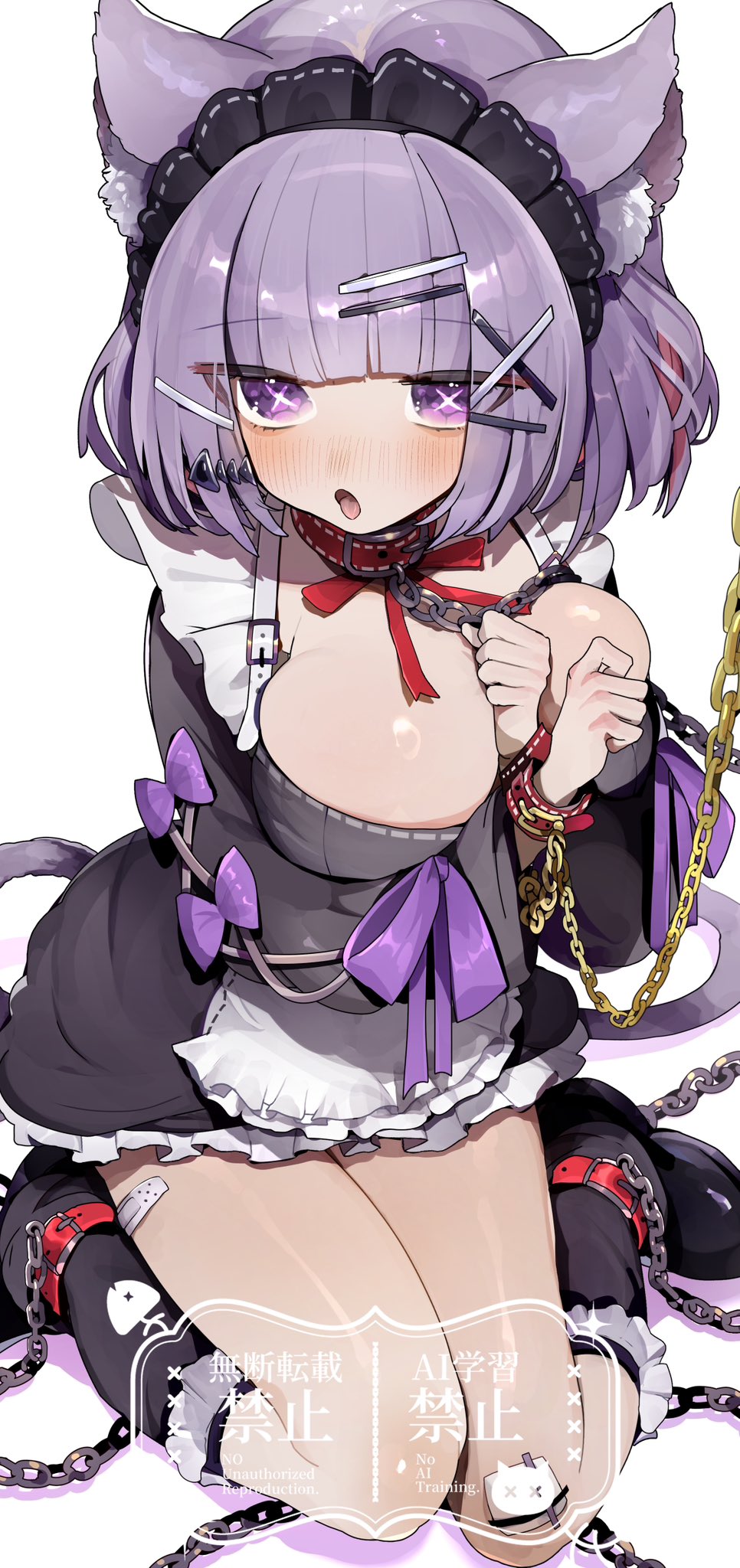 tamukoro, indie virtual youtuber, commentary request, commission, highres, second-party source, skeb commission, 1girl, animal ear fluff, animal ears, apron, araineko, belt collar, black boots, black dress, black headdress, blush, boots, breasts, cat ears, cat tail, chain, collar, dress, hair ornament, hairclip, hands up, large breasts, long sleeves, open mouth, purple eyes, purple hair, red collar, short hair, simple background, sitting, solo, symbol-shaped pupils, tail, tongue, tongue out, virtual youtuber, watermark, white apron, white background, x hair ornament