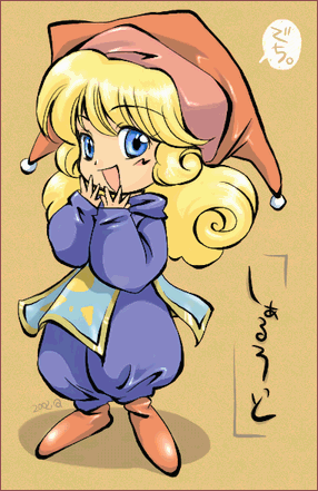 charlotte (seiken densetsu 3), seiken densetsu, seiken densetsu 3, square enix, lowres, translation request, blonde hair, blue eyes, character name, curly hair, hat, solo