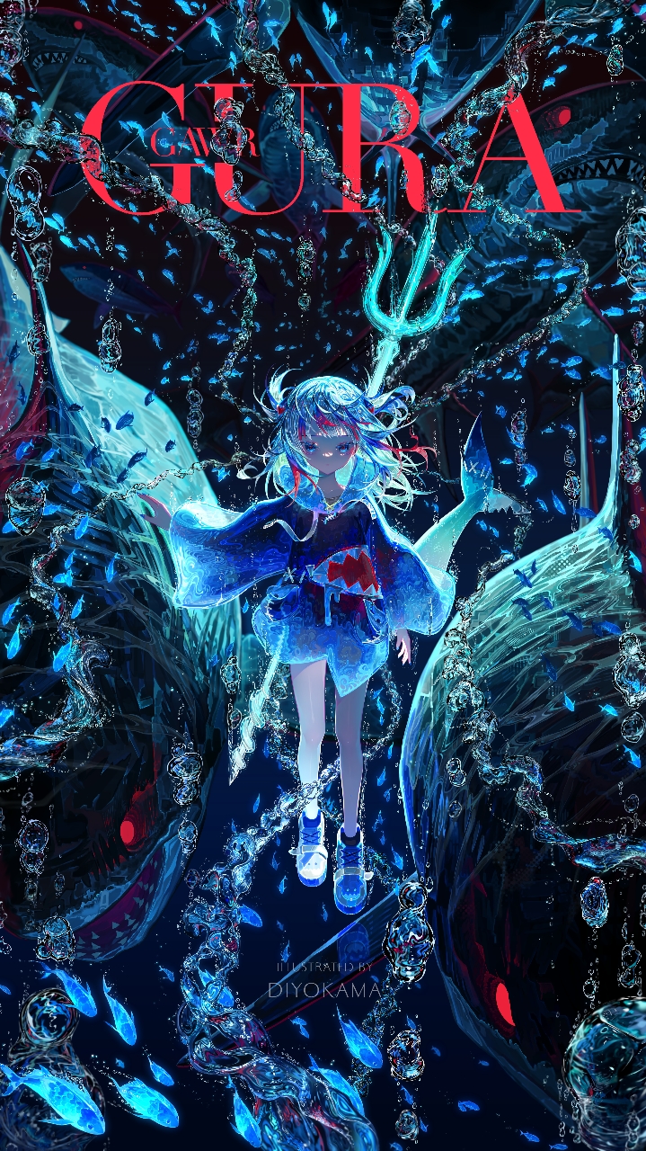 diyokama, gawr gura, hololive, hololive english, holomyth, highres, 1girl, air bubble, animal costume, animal hood, blue eyes, blue hair, blue hoodie, blunt bangs, bubble, character name, fins, fish, fish tail, hair ornament, hood, hoodie, looking at viewer, multicolored hair, ocean, open mouth, polearm, red eyes, shark, shark costume, shark fin, shark girl, shark hair ornament, shark hood, shark tail, sharp teeth, shoes, sneakers, solo, streaked hair, tail, teeth, trident, two side up, underwater, virtual youtuber, water, weapon