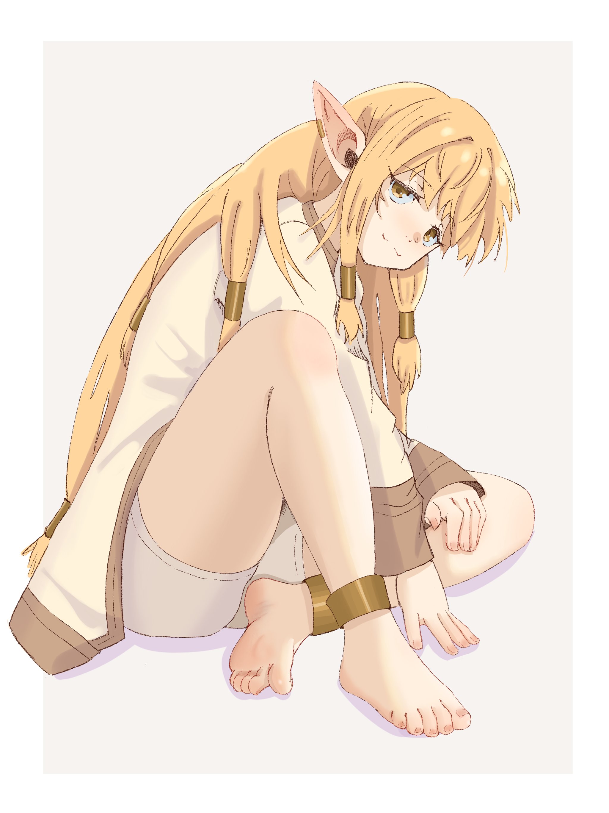 treepxiv, serie (sousou no frieren), sousou no frieren, absurdres, commentary request, highres, 1girl, :3, anklet, barefoot, blonde hair, border, breasts, closed mouth, earclip, elf, feet, full body, gold anklet, hair tubes, jewelry, long hair, long pointy ears, looking at viewer, pointy ears, sidelocks, simple background, sitting, smile, solo, very long hair, white background, white border, yellow eyes