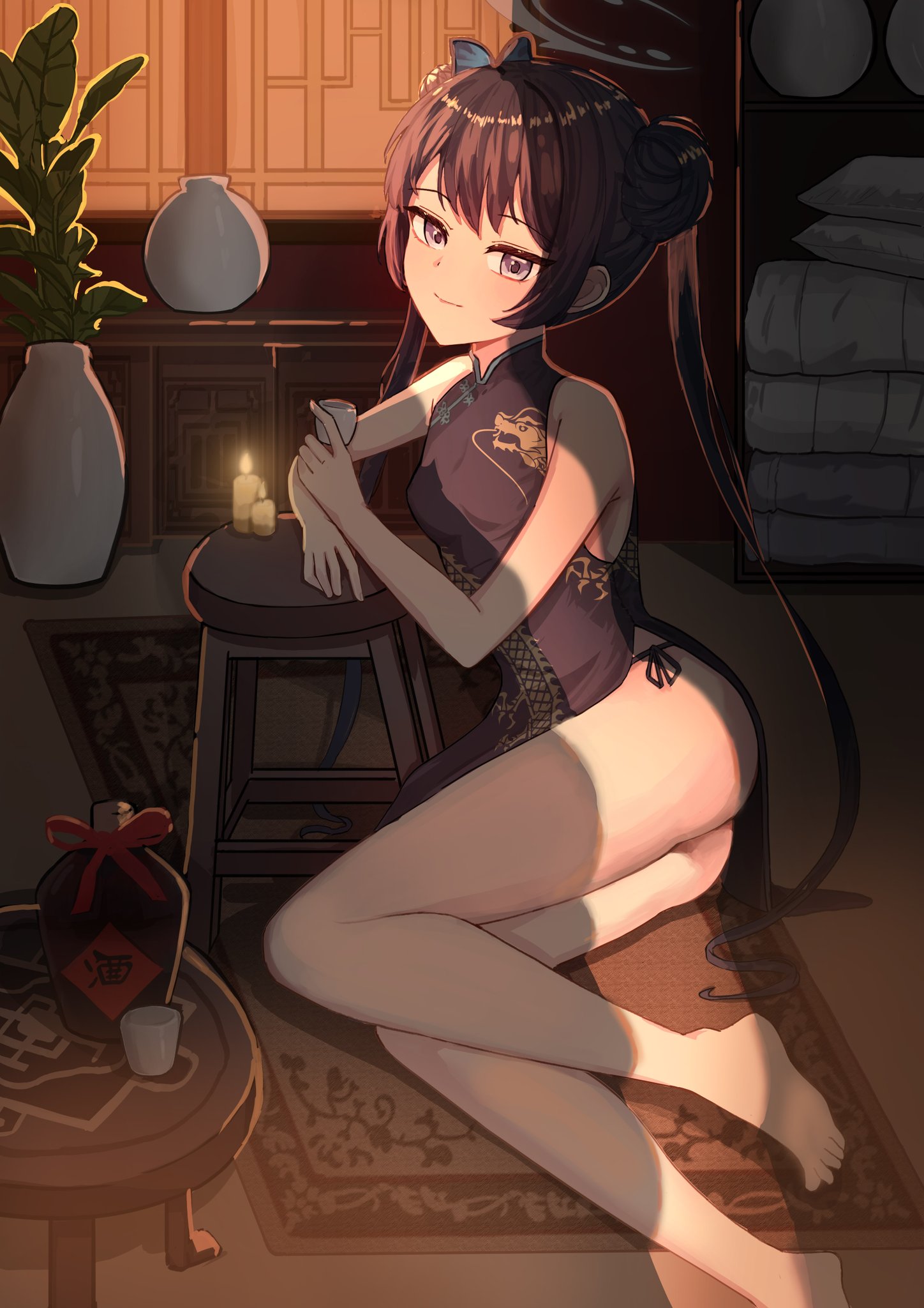 kisaki (blue archive), blue archive, highres, tagme, 1girl, 2 shot coffee, black dress, black hair, blush, breasts, butterfly hair ornament, carpet, china dress, chinese clothes, double bun, dragon print, dress, grey eyes, hair bun, hair ornament, halo, holding, long hair, looking at viewer, plant, potted plant, sleeveless, sleeveless dress, small breasts, solo, twintails, wooden stool