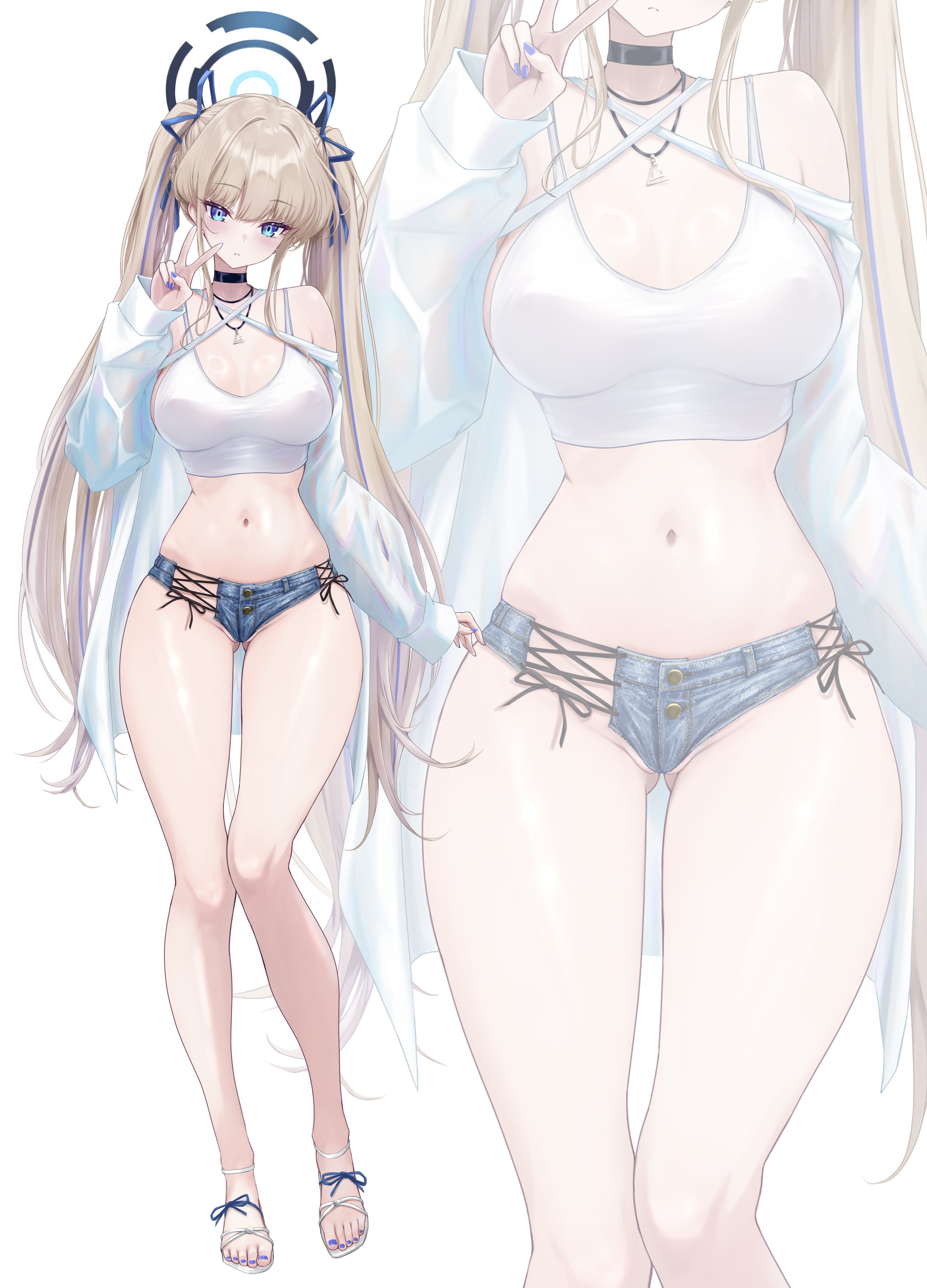 noa (skae3323), toki (blue archive), blue archive, absurdres, commentary request, highres, 1girl, alternate costume, alternate hairstyle, black choker, blonde hair, blue eyes, blue nails, blue ribbon, blush, breasts, choker, denim, denim shorts, fingernails, full body, hair ribbon, jacket, looking at viewer, medium breasts, micro shorts, nail polish, navel, off shoulder, open clothes, open jacket, partially visible vulva, ribbon, sandals, short shorts, shorts, simple background, solo, standing, stomach, thighs, toenail polish, toenails, twintails, v, white background, white jacket, zoom layer