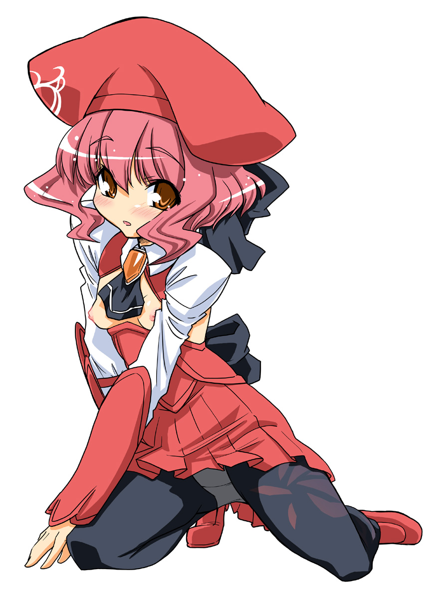miyagoe yoshitsuki, momo mizrahi, xenosaga, xenosaga episode iii, highres, 00s, 1girl, bow, breasts, female focus, hat, jewelry, long sleeves, nipples, no nose, open mouth, orange eyes, panties, panties under pantyhose, pantyhose, pantyshot, pendant, pink hair, simple background, small breasts, solo, underwear, upskirt, white panties