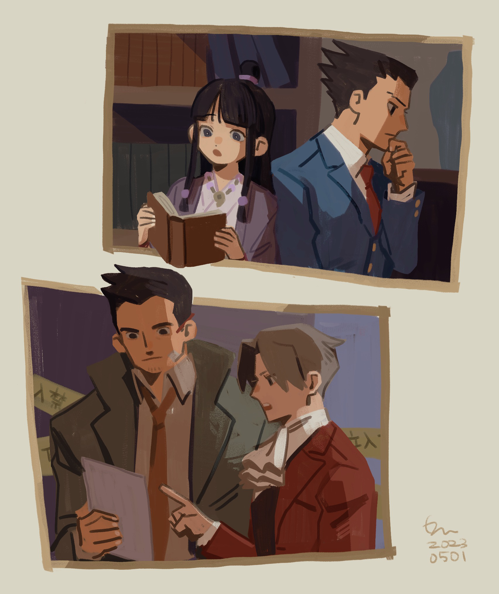erm nkcn, dick gumshoe, maya fey, miles edgeworth, phoenix wright, ace attorney, highres, 1girl, 3boys, black hair, blue jacket, caution tape, coat, collared shirt, facial hair, goatee stubble, green coat, grey hair, holding, holding paper, index finger raised, jacket, jewelry, long sleeves, magatama, magatama necklace, multiple boys, necklace, necktie, open mouth, paper, reading, red jacket, red necktie, shirt, short hair, sidelocks, signature, stubble, thinking