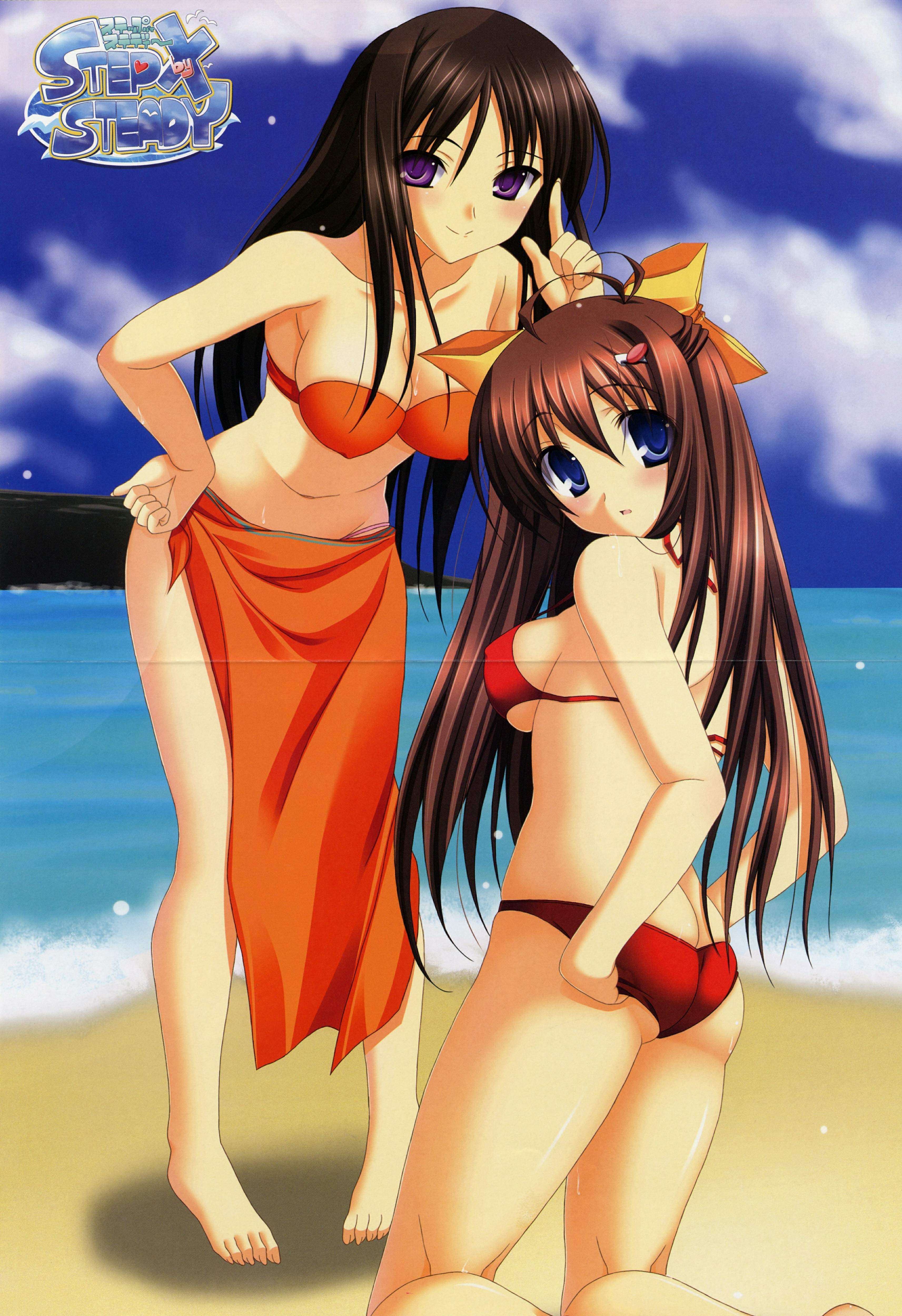 absurdres, highres, non-web source, tagme, 2girls, bikini, bikini top only, multiple girls, orange bikini, red bikini, swimsuit