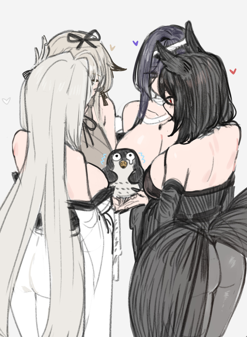 hayabusa (vert 320), azur lane, 4girls, animal, animal ears, asama (azur lane), ass, bare shoulders, black hair, breasts, cleavage, from behind, hakuhou (azur lane), heart, holding, holding animal, japanese clothes, kimono, large breasts, minase (azur lane), multiple girls, omi (azur lane), purple hair, simple background, sketch, white background, white hair, white kimono