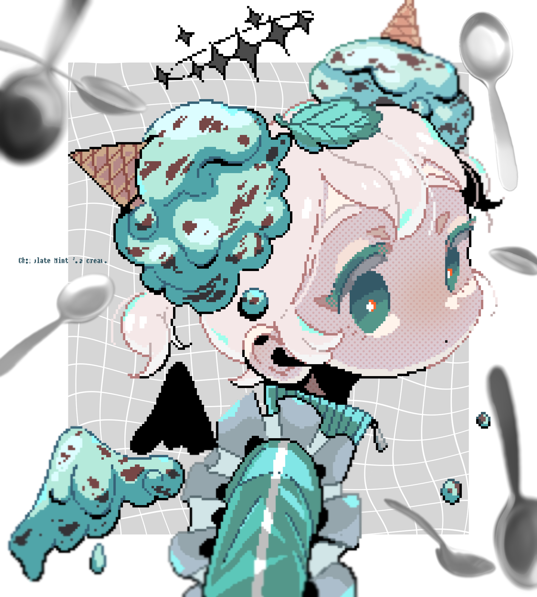 maiandkoh, original, highres, 1girl, apron, border, bright pupils, colored eyelashes, detached wings, food, food-themed hair ornament, green eyes, green jacket, grid background, hair ornament, halftone, halo, ice cream, ice cream cone, ice cream hair ornament, jacket, leaf, leaf on head, maid apron, mint chocolate, mint leaf, outside border, pixel art, ponytail, short eyebrows, short ponytail, sideways glance, solo, spoon, tareme, white border, white hair, white pupils, wings, yume kawaii, zipper pull tab
