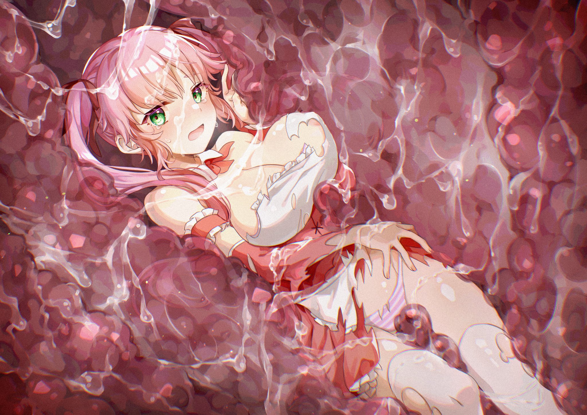 original, commentary request, commission, highres, second-party source, skeb commission, 1girl, armband, bow, bowtie, breasts, crying, detached collar, detached sleeves, dissolving clothes, frilled armband, frills, green eyes, inside creature, large breasts, nipple slip, nipples, open mouth, panties, pink hair, pink panties, red bow, red bowtie, red skirt, skirt, solo, striped clothes, striped panties, tears, thighhighs, torn clothes, torn skirt, torn thighhighs, tsuyuki yutaro, twintails, underwear, vore, wet, white thighhighs