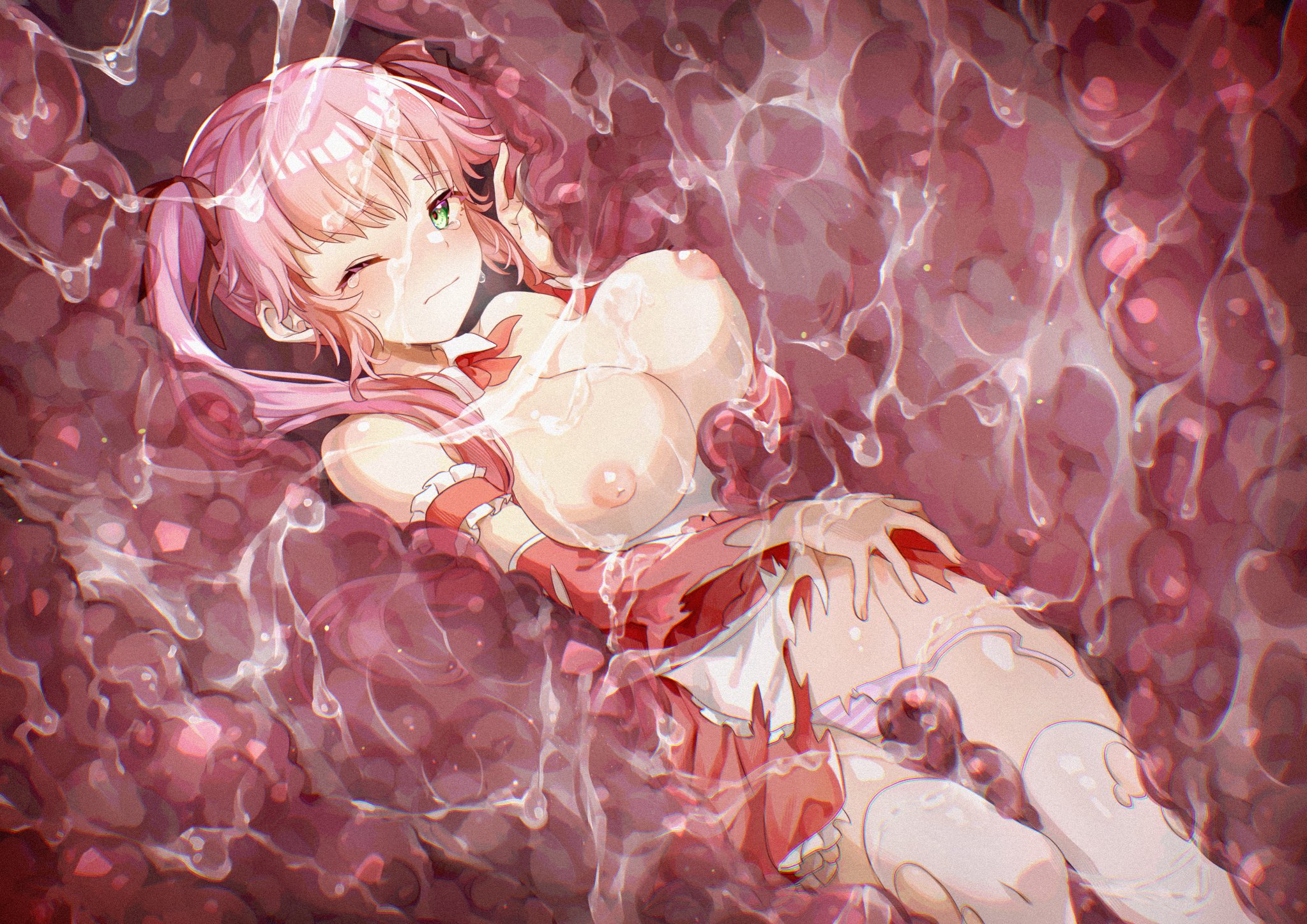 original, commentary request, commission, highres, second-party source, skeb commission, 1girl, armband, bow, bowtie, breasts, closed mouth, crying, detached collar, detached sleeves, dissolving clothes, frilled armband, frills, green eyes, inside creature, large breasts, nipples, one eye closed, panties, pink hair, pink panties, red bow, red bowtie, red skirt, skirt, solo, striped clothes, striped panties, tears, thighhighs, torn clothes, torn skirt, torn thighhighs, tsuyuki yutaro, twintails, underwear, vore, wet, white thighhighs