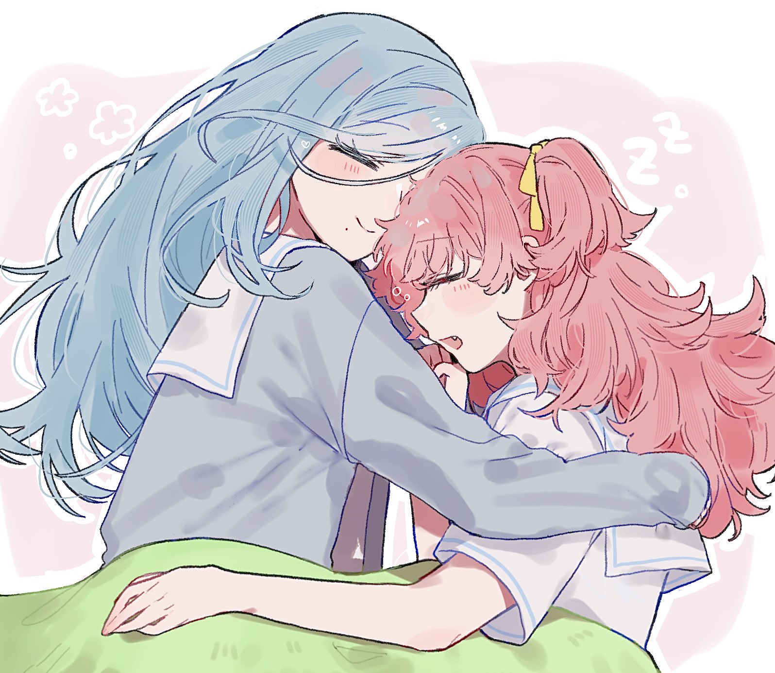 motoma0505, hinomori shizuku, momoi airi, project sekai, commentary, highres, symbol-only commentary, 2girls, blue hair, closed eyes, closed mouth, cuddling, fang, grey shirt, long hair, long sleeves, mole, mole under mouth, multiple girls, open mouth, pink hair, sailor collar, school uniform, serafuku, shirt, short sleeves, sleeping, sleeves past wrists, two side up, white sailor collar, yuri, zzz