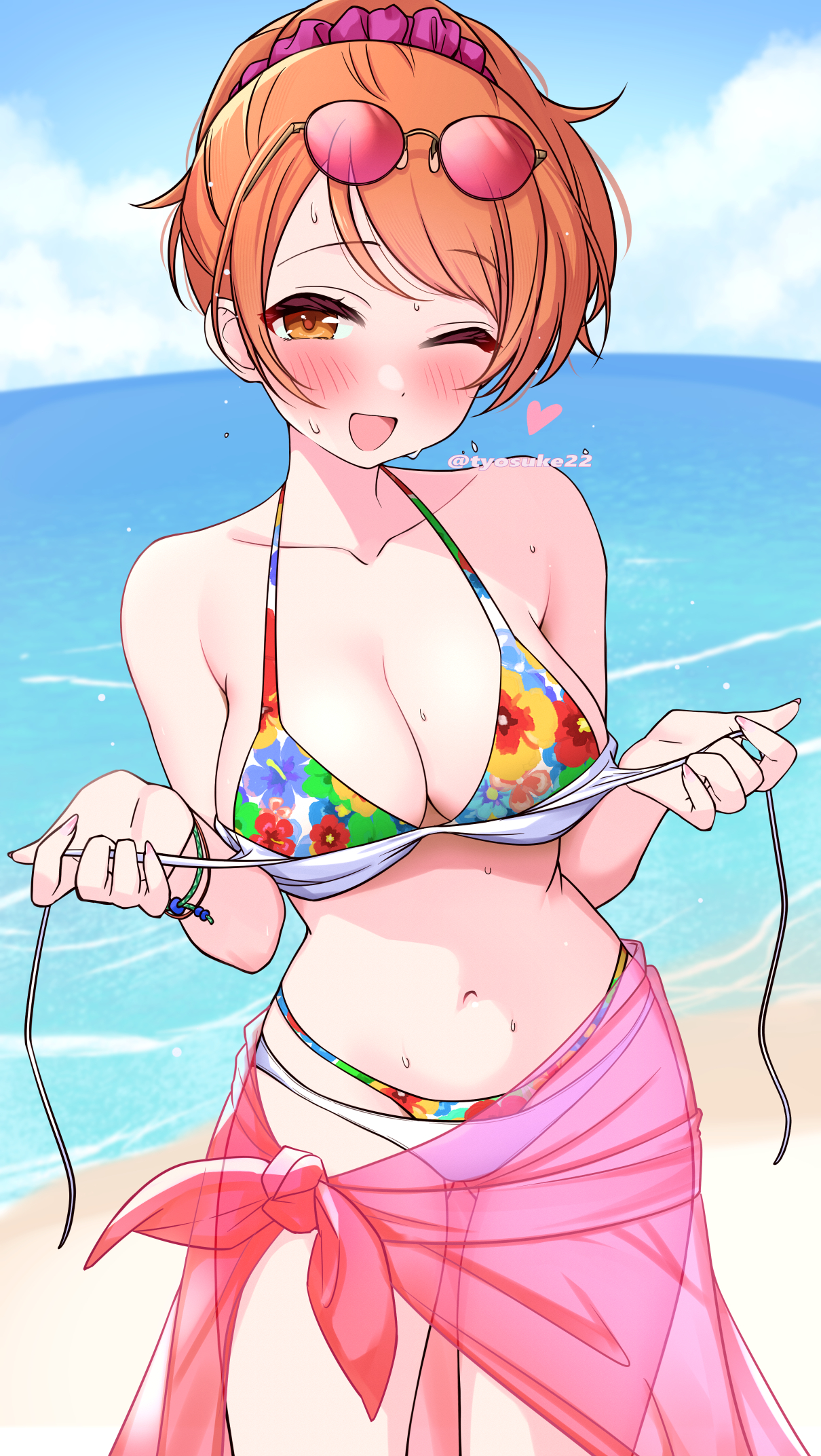 chiyosuke (nosuke21), hojo karen, idolmaster, idolmaster cinderella girls, commentary request, highres, 1girl, beach, bikini, blush, breasts, cleavage, eyewear on head, looking at viewer, navel, ocean, one eye closed, orange eyes, orange hair, sarong, smile, solo, sunglasses, sweat, swimsuit