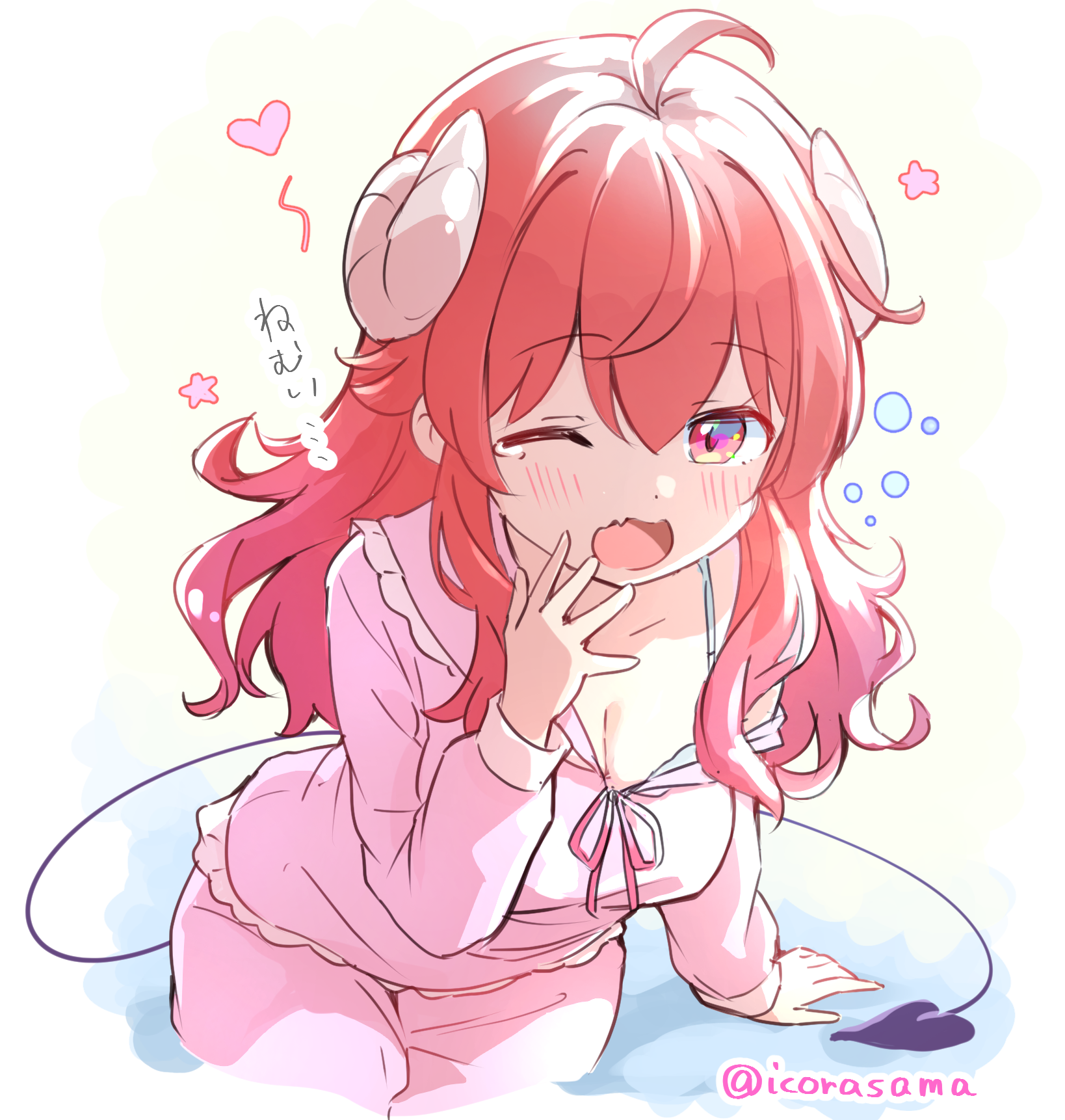 icorasama, yoshida yuuko (machikado mazoku), machikado mazoku, commentary request, highres, 1girl, ahoge, blush, breasts, brown horns, cleavage, collarbone, curled horns, demon girl, demon horns, heart, horns, long hair, long sleeves, looking at viewer, medium breasts, one eye closed, open mouth, pajamas, pink pajamas, red eyes, red hair, solo, twitter username, yawning