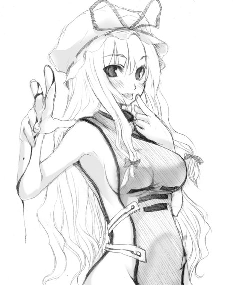 oohira sansetto, oohira sunset, yakumo yukari, touhou, 1girl, blood, blush, bow, breasts, female focus, greyscale, hair bow, hat, long hair, monochrome, naked tabard, ribbon, sideboob, solo, tabard, very long hair
