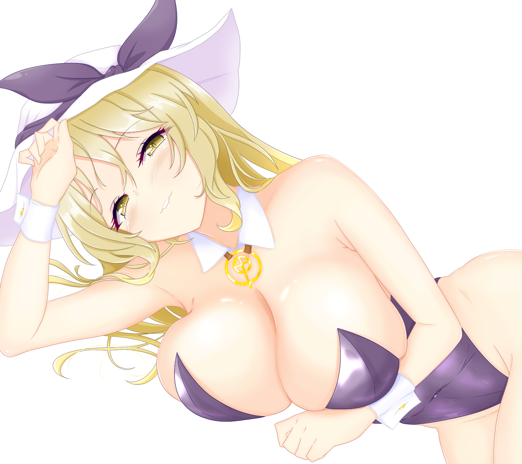 shunki, watatsuki no toyohime, touhou, highres, 1girl, biting own lip, blonde hair, breasts, detached collar, hat, jewelry, large breasts, leotard, long hair, necklace, playboy bunny, purple leotard, ribbon, simple background, smile, solo, thick thighs, thighs, white background, white hat, yellow eyes