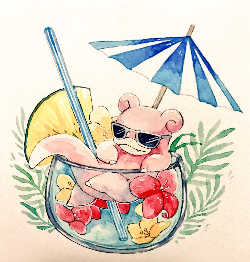 mint nappa, slowpoke, nintendo, pokemon, commentary request, painting (medium), traditional media, watercolor (medium), cup, drinking straw, fangs, flower, food, food focus, fruit, full body, gen 1 pokemon, hibiscus, in container, in cup, no humans, pineapple, pineapple slice, pokemon (creature), solo, sunglasses, umbrella