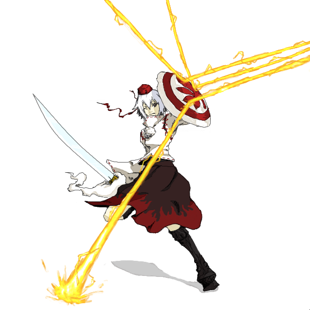 inubashiri momiji, touhou, 1girl, boots, energy beam, female focus, geta, hat, long skirt, shield, skirt, solo, sword, tengu-geta, weapon, white hair